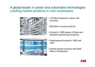 A global leader in power and automation technologies
Leading market positions in main businesses
§ 145,000 employees in about 100
countries
§ $39 billion in revenue (2012)
§ Formed in 1988 merger of Swiss and
Swedish engineering companies
§ Predecessors founded in 1883 and
1891
§ Publicly owned company with head
office in Switzerland
 