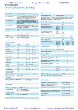 Electrification products price list 111
Standard and approvals
IEC / EN 60947-1 Low-voltage switchgear and controlgear -
Part 1: General rules
IEC / EN 60947-5-1 Low-voltage switchgear and controlgear - Part 5-1:
Control circuit devices and switching elements -
Electromechanical control circuit devices
IEC / EN 60947-5-5 Low-voltage switchgear and controlgear - Part 5-5:
Control circuit devices and switching elements -
Electrical emergency stop device with mechanical
latching function
IEC / EN 60073 Basic and safety principles for man-machine inter-
face, marking and identification - Coding principles
for indicators and actuators
IEC / EN 60529 Degrees of protection provided by enclosures (IP
Code)
EN 50013 Low-voltage switchgear and controlgear for indus-
trial use - Termnal marking and distinctive number
for particular control switches
UL 508 Industrial Control Equipment
CSA C22.2 No 14 Industrial Control Equipment
Environmental data
Degrees of protection
Operators IEC/EN UL/CSA
Pushbutton IP 66 Type 1, 3R, 4, 4X, 12, 13
Double pushbutton IP 66 Type 1, 3R, 4, 4X, 12, 13
Mushroom IP 66 Type 1, 3R, 4, 4X, 12, 13
Emergency stop IP 66 Type 1, 3R, 4, 4X, 12, 13
Selector switch IP 66 Type 1, 3R, 4, 4X, 12, 13
Key operated
selector switch
IP 66 Type 1, 3R, 4, 4X, 12
Toggle switch IP 66 Type 1, 3R, 4, 4X, 12, 13
Extreme duty
pushbutton
- Type 1, 3R, 4, 4X
Reset button IP 66 Type 1, 3R, 4, 4X, 12, 13
Joystick IP 66, 67, 69K Type 1, 4X (indoor), 12, 13
Pilot lights IP 66 Type 1, 3R, 4, 4X, 12, 13
Buzzer IP 65 Type 4X
Potentiometer IP 66 Type 1, 3R, 4, 4X, 12, 13
Contact block and
transformer block
IP 20 -
Plastic enclosures IP 66 Type 1, 3R, 4, 4X, 12, 13
Metallic enclosures IP 66, 67, 69K -
Temperature
Ambient temperature during operation -25 to +70 °C
Storage temperature -40 to +85 °C
Technical data
Terminals
Plus-minus Pozidriv No.2 screw with DIN-washer.
Connectable area min. 1 x 0.5 mm2
AWG 20
max. 2 x 2.5 mm2
/2 x AWG14
Tightening torque
Operators, M22 Min. 2 Nm / Max. 2.3 Nm
Cable terminals 0.9 Nm
Recommended maximum number of blocks: 6
Electrical data
Standards contact blocks
Mechanical endurance 10 million operations
Self cleaning contacts of silver, NC contact with positive opening. At voltages
and currents below 24 V and 5.6 mA we recommended our micro switch
blocks or as an alternative, gold plated contacts.
Ratings as per IEC 60947-5-1
Rated insulation volage, Ui 690 V
Rated thermal current, Ith 10 A
Rated operational curent, Ie
utilisation category AC 15,
at: 120 V
at: 230 V
at: 400 V
at: 690 V
8 A
6 A
4 A
2 A
Rated operational curent, Ie
utilisation category DC 13,
at: 24 V
at:125 V
at: 250 V
5 A
1.1 A
0.55 A
Ratings as per UL, CSA, NEMA A600
AC
Q600
DC
Rated insulation voltage 600 V 600 V
Rated thermal current 10 A 2.5 A
Rated operational current 	 at: 120 V
at: 240 V
at: 480 V
at: 600 V
6 A
3 A
1.5 A
1.2 A
at: 125 V
at: 250 V
at: 480 V
at: 600 V
0.55 A
0.27 A
0.10 A
0.10 A
Contact resistance < 25 mΩ
Compulsory functiontest at: 5V, 16 mA
Micro switch block / Ratings as per IEC 60947-5-1
Rated insulation voltage, Ui 125 V
Rated thermal current, Ith 3 A
Rated operational current, Ie utili-
sation category AC 14,
at: 125 V 0.5 A
Rated operational current, Ie utili-
zation category DC 13,
at: 24 V 0.3 A
Rated operational current, Ie utili-
zation category DC 12,
at: 24 V 0.1 A
Minimum switching capacity 3 V DC 1 mA
Ratings as per UL 508
125 V AC 3 A
60 V DC 0.2 A
48 V DC 0.1 A
Short circuit protection
Max. fuse at 1 kA gG 16A
Note: LEDs see technical data compact range
Mechanical data
Mechanical life
Pushbuttons, momentary mushroom 2 million operations
Selector switches. Present standard (no
operation of center contact)
500 000 operations
With operation of center contact 250 000 operations
150 000 operations
Maintained mushroom, pushbutton, key oper-
ated selector switch and double pushbutton
500 000 operations
Emergency stop 100 000 operations
Toggle switch 1 million operations
Pilot Devices
Technical data modular range
ABB Authorised Dealer R.Sanghavi Mercantile Pvt. Ltd. Tel: 9323092384
Email: vishal@roopal.in http://www.m.sanghavi.co.in Locate us: https://goo.gl/maps/LQgx8eDMj5v
 