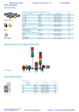 118 Electrification products price list
* Price on request
Enclosures
Empty plastic enclosures for modular and compact range
Description Type Pack Size Order Code L.P.(`)
n n 1-seat MEPY1-0 1 1SFA611821R1000 1510
n n 1-seat MEP1-0 1 1SFA611811R1000 1480
n n 2-seat MEP2-0 1 1SFA611812R1000 1370
n n 3-seat MEP3-0 1 1SFA611813R1000 1940
n n 4-seat MEP4-0 1 1SFA611814R1000 2630
n n 6-seat MEP6-0 1 1SFA611816R1000 4010
Shroud for modular range push button operator
n Yellow MA1-8053 1 1SFA611920R8053 424
n Grey MA1-8128 1 1SFA611920R8128 1280
Empty enclosures for compact range
n n Yellow/Light grey CEPY1-0 1 1SFA619821R1000 1290
n n Dark grey/Light grey CEP1-0 1 1SFA619811R1000 1050
Shroud for compact range push buttons
n Yellow CA1-8053 1 1SFA619920R8053 265
n Grey CA1-8054 1 1SFA619920R8054 265
DIN-rail adaptor
DIN-rail adaptor MA1-8131 1 1SFA 611 920 R8131 710
Empty enclosures
DIN-rail adaptor
Shroud
Pilot devices
Signal towers and signal beacons*
Distribution block
Ordering Details
Current rating
Amps
Type Order Code L.P.(`)
80 DBL80 1SNL308010R0000 205
125 DBL125 1SNL312510R0000 295
160 DBL160 1SNL316010R0000 545
175 DBL175 1SNL317510R0000 730
250 DBL250 1SNL325010R0000 1,365
400 DBL400 1SNL340010R0000 1,455
ABB Authorised Dealer R.Sanghavi Mercantile Pvt. Ltd. Tel: 9323092384
Email: vishal@roopal.in http://www.m.sanghavi.co.in Locate us: https://goo.gl/maps/LQgx8eDMj5v
 