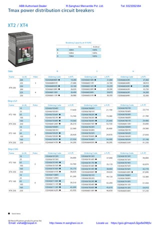 18 Electrification products price list
Tmax power distribution circuit breakers
Ekip LSIG
Ordering Code L.P.(`)
1SDA067815R1
37,090
1SDA067816R1 n
1SDA067817R1 n
35,170
1SDA067818R1 n
1SDA067819R1 n 38,060
1SDA068490R1 n 39,020
1SDA067851R1
44,120
1SDA067852R1
1SDA067853R1 n
42,200
1SDA067854R1 n
1SDA067856R1 n 45,670
1SDA068510R1 n 46,830
Frame In (A) Poles
XT2 160
10
3
25
63
100
160
XT4 250 250
XT2 160
10
4
25
63
100
160
XT4 250 250
Ekip LS/I
Ordering Code L.P.(`)
1SDA067054R1
17,630
1SDA067055R1
1SDA067056R1 n
15,700
1SDA067057R1 n
1SDA067058R1 n 19,560
1SDA068126R1 n 26,210
1SDA067090R1
22,360
1SDA067091R1
1SDA067092R1 n
20,430
1SDA067093R1 n
1SDA067095R1 n 27,550
1SDA068147R1 n 34,200
Ordering Code L.P.(`)
1SDA067800R1
21,190
1SDA067801R1
1SDA067802R1 n
19,280
1SDA067803R1 n
1SDA067804R1 n 25,640
1SDA068475R1 n 32,720
1SDA067833R1
26,400
1SDA067834R1
1SDA067835R1
24,470
1SDA067836R1 n
1SDA067838R1 34,300
1SDA068495R1 n 38,200
Frame In (A) Poles
XT2 160
10
3
25
63
100
160
XT4 250 250
XT2 160
10
4
25
63
100
160
XT4 250 250
Ordering Code L.P.(`)
1SDA067072R1
34,690
1SDA067073R1
1SDA067074R1 n
32,760
1SDA067075R1 n
1SDA067076R1 n 35,170
1SDA068141R1 n 36,620
1SDA067108R1
41,240
1SDA067109R1
1SDA067110R1 n
39,310
1SDA067111R1 n
1SDA067113R1 n 42,200
1SDA068162R1 n 43,930
Ordering Code L.P.(`)
1SDA067872R1
44,800
1SDA067873R1
1SDA067874R1
42,870
1SDA067875R1
1SDA067876R1 45,770
1SDA068530R1 n 47,690
1SDA067908R1
53,380
1SDA067909R1
1SDA067910R1
51,450
1SDA067911R1
1SDA067913R1 54,910
1SDA068550R1 57,230
Ordering Code L.P.(`)
1SDA068090R1 n 19,280
1SDA068091R1 21,680
1SDA068092R1 n 22,160
1SDA068109R1 n 26,020
1SDA068110R1 26,490
1SDA068111R1 n 26,980
Frame In (A) Poles
XT4 250
200
3225
250
200
4225
250
N S HTMA
Ordering Code L.P.(`)
1SDA068310R1 n 21,680
1SDA068311R1 22,160
1SDA068312R1 n 23,220
1SDA068329R1 n 29,390
1SDA068330R1 29,870
1SDA068331R1 n 30,350
Ordering Code L.P.(`)
1SDA068343R1 27,460
1SDA068344R1 28,910
1SDA068345R1 n 29,390
1SDA068362R1 33,720
1SDA068363R1 34,200
1SDA068364R1 35,560
XT2 / XT4
Icu Ics(Icu)
N 36KA 100%
S 50KA 100%
H 70KA 100%
Breaking Capacity at 415VAC
Ordering Code L.P.(`)
1SDA067857R1
23,710
1SDA067858R1
1SDA067859R1
21,780
1SDA067860R1
1SDA067861R1 29,480
1SDA068515R1 35,600
1SDA067890R1
29,580
1SDA067891R1
1SDA067892R1
27,650
1SDA067893R1
1SDA067895R1 37,190
1SDA068535R1 41,330
 Stock items
ABB Authorised Dealer R.Sanghavi Mercantile Pvt. Ltd. Tel: 9323092384
Email: vishal@roopal.in http://www.m.sanghavi.co.in Locate us: https://goo.gl/maps/LQgx8eDMj5v
 