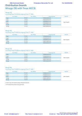 Electrification products price list 205
Distribution boards
Mirage DB with Tmax MCCB
Mirage 250
Incoming Tmax T3 250A  outgoing Tmax T1 160A
Mirage 400
Incoming Tmax T5 400A  outgoing Tmax T1 160A
Mirage 630
Incoming Tmax T5 630A  outgoing Tmax T1 160A
Mirage 800
Incoming Tmax T6 800A  outgoing Tmax T1 160A
No of Ways No. of Poles Ordering Code M.R.P.(`)
2 way TP / SP 1SKS202242C3310
Upon request
4 way TP / SP 1SKS204242C3310
6 way TP / SP 1SKS206242C3310
8 way TP / SP 1SKS208242C3310
12 way TP / SP 1SKS212242C3310
16 way TP / SP 1SKS216242C3310
No of Ways No. of Poles Ordering Code M.R.P.(`)
4 way TP / SP 1SKS404242C3319
Upon request
6 way TP / SP 1SKS406242C3319
8 way TP / SP 1SKS408242C3319
12 way TP / SP 1SKS412242C3319
16 way TP / SP 1SKS416242C3319
No of Ways No. of Poles Ordering Code M.R.P.(`)
4 way TP / SP 1SKS604242C3319
Upon request
6 way TP / SP 1SKS606242C3319
8 way TP / SP 1SKS608242C3319
12 way TP / SP 1SKS612242C3319
16 way TP / SP 1SKS616242C3319
No of Ways No. of Poles Ordering Code M.R.P.(`)
4 way TP / SP 1SKS804242C3311
Upon request
6 way TP / SP 1SKS806242C3311
8 way TP / SP 1SKS808242C3311
12 way TP / SP 1SKS812242C3311
16 way TP / SP 1SKS816242C3311
For other ranges refer detailed catalogue (Mirage Panel Boards)
Common Neutral link is fixed in each panel board
ABB Authorised Dealer R.Sanghavi Mercantile Pvt. Ltd. Tel: 9323092384
Email: vishal@roopal.in http://www.m.sanghavi.co.in Locate us: https://goo.gl/maps/LQgx8eDMj5v
 