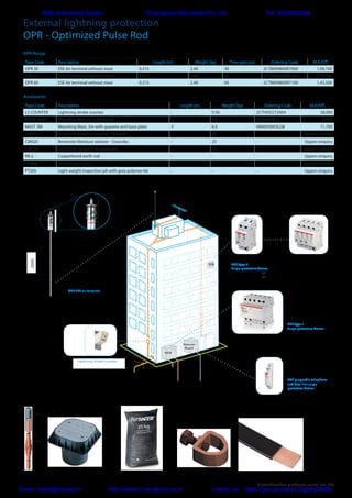 Electrification products price list 221
MDB
SDB
Lightning strike counter
ABB Type 2
Surge protective device
OVR T2 1N 40 275 P
OVR T2 3N 40 275 P
ABB pluggable telephone
and data line surge
protective device
OVR TC 200V P
ABB Type 1
Surge protective device
OVR T1 3N 25 255 TS /
OVR T1 3N 25 255-7
OPR ESE air terminal
OPR
SDB - Sub Distribution Board
Or
Telephone
input
Main
power inputEarthing system
MDB - Main Distribution Board
Telecom
Board
Lightning Stroke Counter
SDB
e
230016946
OPR with a stainless steel mast
Ø 30 - L = 2.3 m
OPR
Lightning rod head
ABB Type 2
Auto protected surge protective device
OVR Plus N1 40 or OVR Plus N3 40
SDB - Sub Distribution Board
Or
2000
Type Code Description Length (m) Weight (kg) Time gain (µs) Ordering Code M.R.P.(`)
OPR 30 ESE Air terminal without mast 0.215 2.40 30 2CTB899800R7000 1,09,100
OPR 45 ESE Air terminal without mast 0.215 2.40 45 2CTB899800R7500 1,30,500
OPR 60 ESE Air terminal without mast 0.215 2.40 60 2CTB899800R7100 1,43,500
Type Code Description Length (m) Weight (kg) Ordering Code M.R.P.(`)
LS COUNTER Lightning stroke counter - 0.56 2CTHOCCF2004 38,000
MAST 2M30 Mounting Mast, 2m, 30mm dia 2 4.4 H00003002L 6,800
MAST 3M Mounting Mast, 3m with guywire and base plate 3 6.5 H00003003LGB 11,700
CM015 Bentonite Moisture retainer - Powder - 25 - Uppon enquiry
CM020 Bentonite Moisture retainer - Granules - 25 - Uppon enquiry
CM025 FurseCEM conductive aggregate - 25 - Uppon enquiry
RB ∆ □ Copperbond earth rod - - - Uppon enquiry
CR ∆ □ Rod to tape clamp - - - Uppon enquiry
PT205 Light weight inspection pit with grey polymer lid - - - Uppon enquiry
OPR Range
Accessories
External lightning protection
OPR - Optimized Pulse Rod
7
Standards
Earth electrodes
Earth rods
Unthreaded copperbond earth rod
Diameter Length Weight each
Part no. (mm) (mm) (kg)
RB005 Ø 9.0 mm 1200 mm 0.62
RB103 Ø 12.7 mm 1200 mm 1.18
RB107 Ø 12.7 mm 1500 mm 1.55
RB116 Ø 12.7 mm 1800 mm 1.76
RB126 Ø 12.7 mm 2400 mm 2.36
RB203 Ø 14.2 mm 1200 mm 1.53
RB213 Ø 14.2 mm 1500 mm 1.88
RB216 Ø 14.2 mm 1800 mm 2.29
RB217 Ø 14.2 mm 2000 mm 2.51
RB223 Ø 14.2 mm 2100 mm 2.68
RB226 Ø 14.2 mm 2400 mm 3.00
RB236 Ø 14.2 mm 3000 mm 3.79
RB306 Ø 17.2 mm 1200 mm 2.19
RB313 Ø 17.2 mm 1500 mm 2.73
RB316 Ø 17.2 mm 1800 mm 3.27
RB317 Ø 17.2 mm 2000 mm 3.64
RB323 Ø 17.2 mm 2100 mm 3.83
RB326 Ø 17.2 mm 2400 mm 4.35
RB336 Ø 17.2 mm 3000 mm 5.44
– High tensile low carbon steel core with minimum 250 microns of copper
Fittings
Weight each
Part no. Type (kg)
CG177 12.7 mm Coupling 0.09
CG277 14.2 mm Coupling 0.08
CG377 17.2 mm Coupling 0.13
ST107 12.7 mm Driving head 0.25
ST207 14.2 mm Driving head 0.22
ST307 17.2 mm Driving head 0.27
Driving head
Rod
Taper coupling
BS 7430
UL467 (RB126, RB226,
RB236, RB326, RB336)
Earth electrodes
Inspection pits
Lightweight inspection pit
Load rating Weight each
Part no. Description (kg) (kg)
PT205 Lightweight inspection pit with grey polymer lid 5000 1.80
PT309-FU Lightweight inspection pit with black (unbranded) polymer lid 5000 1.80
PT110* Lightweight inspection pit with concrete lid 1200 7.50
Earth bar for lightweight inspection pit
PT004 5 hole earth bar 0.40
Accessories for polymer lid
AK005 6 mm Allen key 0.03
Accessories for concrete lid
JH100 M8 x 100 mm long mild steel ‘J’ bolt lifting hook 0.04
AS100 M8 x 60 stainless steel Allen caphead screw (2 per lid) 0.03
– Manufactured from high-performance, UV stable and chemically resistant polymer with either polymer or concrete lid to suit the application
Standards12163 BS 6004 BS EN 13602 BS EN 60228
IEC/BS EN 62561-5
7
Earth electrodes
Backfill materials
FurseCEM®
conductive aggregate
Weight each
Part no. Description (kg)
CM025 FurseCEM®
25.00
CM030 FurseCEM®
(supplied with cement) 25.00
– Certain ground conditions make it difficult to obtain a reliable earth resistance, whilst particular installations may require a very low
resistance. In such cases, FurseCEM®
provides a convenient and permanent solution. By adding FurseCEM®
in place of sand and
aggregate, to cement, a conductive concrete is formed. This electrically conductive medium has many applications in the electrical/
construction industry, including RF and microwave screening, static control and, of course, earthing, for which it was specifically
developed
.– When used as a backfill for earth electrodes, FurseCEM®
impregnated concrete greatly increases the electrode’s surface area thus
lowering its resistance to earth
For further information on FurseCEM®
, please contact the Furse sales office. A separate datasheet available on request.
Topsoil
Rock ,
Sand,
Shale,
etc.
Concrete
Mix
FurseCEM®
Standards
BS EN 50164-7
Earth bonds  clamps
Mechanical clamps
Rod to tape clamp (type A)
Nominal rod diameter Max. conductor Weight eac
Part no. (”) (mm) (mm) (kg)
CR105 Ø 1
⁄2 Ø 12.7 26 x 12 0.15
CR105 Ø 5
⁄8 Ø 16 26 x 12 0.15
CR105 Ø 3
⁄4 Ø 20 26 x 10 0.15
CR108 Ø 5
⁄8 Ø 16 30 x 2 0.16
CR108 Ø 3
⁄4 Ø 20 30 x 2 0.16
CR110 Ø 5
⁄8 Ø 16 40 x 12 0.24
CR115 Ø 5
⁄8 Ø 16 51 x 8 0.30
CR125 Ø 3
⁄4 Ø 20 51 x 12 0.30
CR130 Ø 1
⁄2 Ø 12.7 26 x 20 0.23
3
Conductors
PVC covered conductors
PVC covered copp
Conduc
Part no. (mm)
TC100 12.5 x 1
TC105-FU 25 x 3
TC105/50 25 x 3
TC110 25 x 3
TC110/50 25 x 3
TC115-FU 25 x 3
TC115/50 25 x 3
TC120-FU 25 x 3
Standards
QS
QS
ABB Authorised Dealer R.Sanghavi Mercantile Pvt. Ltd. Tel: 9323092384
Email: vishal@roopal.in http://www.m.sanghavi.co.in Locate us: https://goo.gl/maps/LQgx8eDMj5v
 