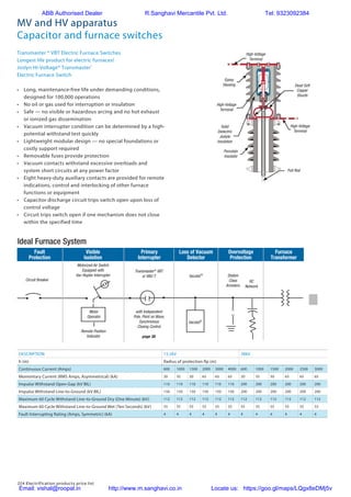 224 Electrification products price list
DESCRIPTION 15.5kV 38kV
h (m) Radius of protection Rp (m)
Continuous Current (Amps) 600 1000 1500 2000 3000 4000 600 1000 1500 2000 2500 3000
Momentary Current (RMS Amps, Asymmetrical) (kA) 20 35 50 65 65 65 20 35 50 65 65 65
Impulse Withstand Open-Gap (kV BIL) 110 110 110 110 110 110 200 200 200 200 200 200
Impulse Withstand Line-to-Ground (kV BIL) 150 150 150 150 150 150 200 200 200 200 200 200
Maximum 60 Cycle Withstand Line-to-Ground Dry (One Minute) (kV) 112 112 112 112 112 112 112 112 112 112 112 112
Maximum 60 Cycle Withstand Line-to-Ground Wet (Ten Seconds) (kV) 55 55 55 55 55 55 55 55 55 55 55 55
Fault Interrupting Rating (Amps, Symmetric) (kA) 4 4 4 4 4 4 4 4 4 4 4 4
MV and HV apparatus
Capacitor and furnace switches
United States
Tel: 901.252.8000
800.816.7809
Fax: 901.252.1354
Technical Services
Tel: 440.914.8918www.tnb.com
35
Transmaster VBT Electric Furnace Switches
PowerHighVoltage—JoslynHi-Voltage®
CapacitorReactorSwitches
• Long, maintenance-free life under
demanding conditions, designed
for 100,000 operations
• No oil or gas used for interruption
or insulation
• Safe — no visible or hazardous
arcing and no hot exhaust or ionized
gas dissemination
• Vacuum interrupter condition can
be determined by a high-potential
withstand test quickly
• Lightweight modular design —
no special foundations or costly
support required
• Removable fuses provide protection
• Vacuum contacts withstand excessive
overloads and system short circuits
at any power factor
• Eight heavy-duty auxiliary contacts
are provided for remote indications,
control and interlocking of other
furnace functions or equipment
• Capacitor discharge circuit trips switch
open upon loss of control voltage
• Circuit trips switch open if one
mechanism does not close within
the specified time
Longest life product for electric furnaces!
Joslyn Hi-Voltage
®
Transmaster
®
Electric Furnace Switch
High-Voltage
Terminal
Epoxy
Housing
High-Voltage
Terminal
Solid
Dielectric
Joslyte
Insulation
Porcelain
Insulator
Dead Soft
Copper
Shunts
Pull Rod
High-Voltage
Terminal
The operation of electric furnaces requires large
amounts of power to be under constant control.
The Transmaster®
switch is rugged and can
withstand this kind of duty. Joslyn Hi-Voltage®
VBT and VBU-T switches operate uniformly on
all power factors and are available for system
voltages from 15kV up to 230kV.
If the primary circuit breaker is used as a
switching device for control of transformer
magnetizing, load and secondary fault currents,
this will result in the circuit breaker being opened
and closed more than 100 times per day.
This wear and tear causes even the most
durable breakers to require frequent
maintenance, which is costly.
Joslyn Hi-Voltage®
engineers worked closely
with electric furnace manufacturers to develop
the Transmaster®
Electric Furnace Switch, a
heavy-duty vacuum switch designed to deliver
maintenance-free switching of electric furnaces.
Since 1962, over 3500 field installations
worldwide have proven the capability and
reliability of the Transmaster®
Electric
Furnace Switch.
Fault
Protection
Visible
Isolation
Primary
Interrupter
Loss of Vacuum
Detector
Overvoltage
Protection
Furnace
Transformer
Circuit Breaker
Motorized Air Switch
Equipped with
Vac-Rupter Interrupter
Transmaster®
VBT
or VBU-T Vacstat® Station
Class
Arresters
RC
Network
Remote Position
Indicator
with Independent
Pole, Point on Wave,
Synchronous
Closing Control
Motor
Operator
Vacstat®
page 38
Ideal Furnace System
38kV 600-Amp
Transmaster®
Switch
Options
Extra auxiliary contacts, stainless steel enclosure, local/remote switch, heater, pushbuttons, Point On Wave Control, VacStat®
vacuum monitor.
Transmaster ® VBT Electric Furnace Switches
Longest life product for electric furnaces!
Joslyn Hi-Voltage® Transmaster®
Electric Furnace Switch
•	 Long, maintenance-free life under demanding conditions,
designed for 100,000 operations
•	 No oil or gas used for interruption or insulation
•	 Safe — no visible or hazardous arcing and no hot exhaust
or ionized gas dissemination
•	 Vacuum interrupter condition can be determined by a high-
potential withstand test quickly
•	 Lightweight modular design — no special foundations or
costly support required
•	 Removable fuses provide protection
•	 Vacuum contacts withstand excessive overloads and
system short circuits at any power factor
•	 Eight heavy-duty auxiliary contacts are provided for remote
indications, control and interlocking of other furnace
functions or equipment
•	 Capacitor discharge circuit trips switch open upon loss of
control voltage
•	 Circuit trips switch open if one mechanism does not close
within the specified time
United States
Tel: 901.252.8000
800.816.7809
Fax: 901.252.1354
Technical Services
Tel: 440.914.8918www.tnb.com
35
oltage—JoslynHi-Voltage®
CapacitorReactorSwitches
• Long, maintenance-free life under
demanding conditions, designed
for 100,000 operations
• No oil or gas used for interruption
or insulation
• Safe — no visible or hazardous
arcing and no hot exhaust or ionized
gas dissemination
• Vacuum interrupter condition can
be determined by a high-potential
withstand test quickly
• Lightweight modular design —
no special foundations or costly
support required
• Removable fuses provide protection
• Vacuum contacts withstand excessive
overloads and system short circuits
at any power factor
• Eight heavy-duty auxiliary contacts
are provided for remote indications,
control and interlocking of other
furnace functions or equipment
• Capacitor discharge circuit trips switch
open upon loss of control voltage
• Circuit trips switch open if one
mechanism does not close within
the specified time
High-Voltage
Terminal
Epoxy
Housing
High-Voltage
Terminal
Solid
Dielectric
Joslyte
Insulation
Porcelain
Insulator
Dead Soft
Copper
Shunts
Pull Rod
High-Voltage
Terminal
The operation of electric furnaces requires large
amounts of power to be under constant control.
The Transmaster®
switch is rugged and can
withstand this kind of duty. Joslyn Hi-Voltage®
VBT and VBU-T switches operate uniformly on
all power factors and are available for system
voltages from 15kV up to 230kV.
If the primary circuit breaker is used as a
switching device for control of transformer
magnetizing, load and secondary fault currents,
this will result in the circuit breaker being opened
and closed more than 100 times per day.
This wear and tear causes even the most
durable breakers to require frequent
maintenance, which is costly.
Joslyn Hi-Voltage®
engineers worked closely
with electric furnace manufacturers to develop
the Transmaster®
Electric Furnace Switch, a
heavy-duty vacuum switch designed to deliver
maintenance-free switching of electric furnaces.
Since 1962, over 3500 field installations
worldwide have proven the capability and
reliability of the Transmaster®
Electric
Furnace Switch.
Fault
Protection
Visible
Isolation
Primary
Interrupter
Loss of Vacuum
Detector
Overvoltage
Protection
Furnace
Transformer
Circuit Breaker
Motorized Air Switch
Equipped with
Vac-Rupter Interrupter
Transmaster®
VBT
or VBU-T Vacstat® Station
Class
Arresters
RC
Network
Remote Position
Indicator
with Independent
Pole, Point on Wave,
Synchronous
Closing Control
Motor
Operator
Vacstat®
page 38
Ideal Furnace System
38kV 600-Amp
Transmaster®
Switch
Options
Extra auxiliary contacts, stainless steel enclosure, local/remote switch, heater, pushbuttons, Point On Wave Control, VacStat®
vacuum monitor.
ABB Authorised Dealer R.Sanghavi Mercantile Pvt. Ltd. Tel: 9323092384
Email: vishal@roopal.in http://www.m.sanghavi.co.in Locate us: https://goo.gl/maps/LQgx8eDMj5v
 