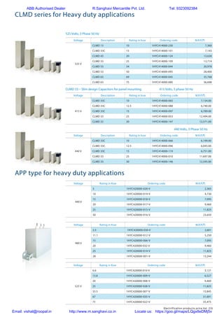 Electrification products price list 231
CLMD series for Heavy duty applications
CLMD 33 – Slim design Capacitors for panel mounting 415 Volts, 3 phase 50 Hz
440 Volts, 3 Phase 50 Hz
Voltage Description Rating in kvar Ordering code M.R.P.(`)
415 V
CLMD 33C 10 1HYC414000-065 7,134.00
CLMD 33C 12.5 1HYC414000-088 6,740.00
CLMD 33C 15 1HYC414000-097 6,789.00
CLMD 33 25 1HYC414000-053 12,494.00
CLMD 33 30 1HYC414000-147 12,571.00
Voltage Description Rating in kvar Ordering code M.R.P.(`)
440 V
CLMD 33C 10 1HYC414000-066 6,199.00
CLMD 33C 12.5 1HYC414000-096 6,043.00
CLMD 33C 15 1HYC414000-119 6,751.00
CLMD 33 25 1HYC414000-010 11,697.00
CLMD 33 30 1HYC414000-146 12,595.00
APP type for heavy duty applications
Voltage Rating in Kvar Ordering code M.R.P.(`)
440 V
5 1HYC420000-020-V 2,365
10 1HYC420000-019-V 4,730
15 1HYC420000-018-V 7,095
20 1HYC420000-017-V 9,460
25 1HYC420000-015-V 11,825
50 1HYC420000-016-V 23,650
Voltage Rating in Kvar Ordering code M.R.P.(`)
480 V
5.5 1HYC420000-030-V 2,601
11.1 1HYC420000-012-V 5,250
15 1HYC420000-006-V 7,095
20 1HYC420000-032-V 9,460
25 1HYC420000-014-V 11,825
28 1HYC420000-001-V 13,244
Voltage Rating in Kvar Ordering code M.R.P.(`)
525 V
6.6 1HYC420000-010-V 3,121
13.8 1HYC420000-009-V 6,527
20 1HYC420000-008-V 9,460
25 1HYC420000-028-V 11,825
33.5 1HYC420000-007-V 15,845
67 1HYC420000-035-V 31,691
75 1HYC420000-022-V 35,475
525 Volts, 3 Phase 50 Hz
Voltage Description Rating in kvar Ordering code M.R.P.(`)
525 V
CLMD 13 10 1HYC414000-230 7,360
CLMD 33C 15 1HYC414000-101 7,143
CLMD 43 20 1HYC414000-124 13,630
CLMD 33 25 1HYC414000-109 13,714
CLMD 53 34 1HYC414000-044 20,978
CLMD 53 50 1HYC414000-095 28,400
CLMD 63 69 1HYC414000-045 35,768
CLMD 63 75 1HYC414000-080 36,698
ABB Authorised Dealer R.Sanghavi Mercantile Pvt. Ltd. Tel: 9323092384
Email: vishal@roopal.in http://www.m.sanghavi.co.in Locate us: https://goo.gl/maps/LQgx8eDMj5v
 