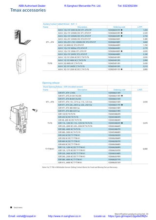 Electrification products price list 33
Tmax accessories
Note: For T7 TM in Withdrable Version Sliding Contact Blocks for Fixed and Moving Part are Necessary
 Stock items
Auxilary Contact Cabled-Version - AUX - C
Frame Description Ordering code L.P.(`)
XT1....XT4
AUX-C 1Q+1SY 250V AC/DC XT1..XT4 F/P 1SDA066431R1 n 1,450
AUX-C 2Q+1SY 250VAC/DC XT1..XT4 F/P 1SDA066433R1 n 2,320
AUX-C 3Q+1SY 250VAC/DC XT2..XT4 F/P 1SDA066434R1 n 2,750
AUX-C 3Q+2SY 250VAC/DC XT2-XT4 F/P 1SDA066436R1 3,380
AUX-C 2Q+2SY+1S51 250VAC/DC XT2-XT4 F/P 1SDA066438R1 3,660
AUX-C 2Q 400V AC XT2-XT4 F/P 1SDA066440R1 1,740
AUX-C 1Q+1SY 400Vac XT2-XT4 F/P 1SDA066444R1 2,770
AUX-C 1Q+1SY 24Vdc XT1..XT4 F/P 1SDA066446R1 n 2,030
AUX-C 3Q+1SY 24VDC XT2..XT4 F/P 1SDA066448R1 3,180
T5-T6
AUX-C 1Q 1SY 250V AC/DC C T4-T5-T6 1SDA054910R1 2,030
AUX-C 1Q 1SY 400V AC C T4-T5-T6 1SDA054912R1 2,990
AUX-C 2Q 400V AC C T4-T5-T6 1SDA054913R1 3,430
AUX-C 3Q 1SY 24VDC C T4-T5-T6 1SDA054915R1 3,210
AUX-C 3Q 1SY 250V AC/DC C T4-T5-T6 1SDA054911R1 n 3,800
Opening release
Shunt Opening Release - SOR (Uncabled version)
Frame Description Ordering code L.P.(`)
XT1....XT4
SOR XT1..XT4 12 VDC 1SDA066313R1
2,030
SOR XT1..XT4 24-30 V AC/DC 1SDA066314R1 n
SOR XT1..XT4 48-60 V Ac/DC 1SDA066315R1
SOR XT1..XT4 110...127 V ac-110...125 V dc 1SDA066316R1
SOR XT1..XT4 220...240 V ac-220...250 V dc 1SDA066317R1 n
SOR XT1..XT4 380-440 V ac 1SDA066318R1
SOR XT1..XT4 480-525 V ac 1SDA066319R1
T5-T6
SOR 12V DC T4-T5-T6 1SDA054862R1
3,070
SOR 24V AC/DC T4-T5-T6 1SDA054863R1
SOR 48...60V AC/DC T4-T5-T6 1SDA054864R1
SOR 110...120V AC-110...125V DC T4-T5-T6 1SDA054865R1 n
SOR 220...240V AC-220...250V DC T4-T5-T6 1SDA054866R1
SOR 380...440V AC T4-T5-T6 1SDA054867R1
SOR 480...500V AC T4-T5-T6 1SDA054868R1
T7-T7M-X1
SOR 24V AC/DC T7-T7M-X1 1SDA062065R1
6,000
SOR 30V AC/DC T7-T7M-X1 1SDA062066R1
SOR 48V AC/DC T7-T7M-X1 1SDA062067R1
SOR 60V AC/DC T7-T7M-X1 1SDA062068R1
SOR 110...120V AC/DC T7-T7M-X1 1SDA062069R1
SOR 120...127V AC/DC T7-T7M-X1 1SDA063547R1
SOR 220...240V AC/DC T7-T7M-X1 1SDA063548R1
SOR 240...250V AC/DC T7-T7M-X1 1SDA062070R1
SOR 380...400V AC T7-T7M-X1 1SDA062071R1
SOR 415...440V AC T7-T7M-X1 1SDA062072R1
ABB Authorised Dealer R.Sanghavi Mercantile Pvt. Ltd. Tel: 9323092384
Email: vishal@roopal.in http://www.m.sanghavi.co.in Locate us: https://goo.gl/maps/LQgx8eDMj5v
 
