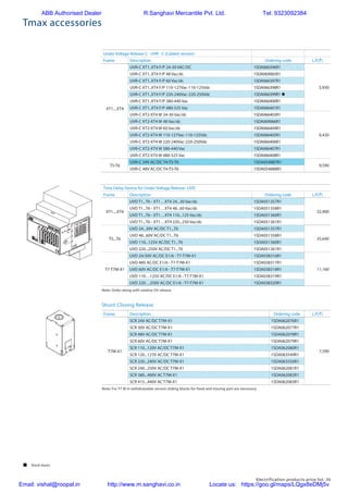 Electrification products price list 35
Tmax accessories
Under Voltage Release C - UVR - C (Cabled version)
Frame Description Ordering code L.P.(`)
XT1....XT4
UVR-C XT1..XT4 F/P 24-30 VAC/DC 1SDA066396R1
5,930
UVR-C XT1..XT4 F/P 48 Vac/dc 1SDA069065R1
UVR-C XT1..XT4 F/P 60 Vac/dc 1SDA066397R1
UVR-C XT1..XT4 F/P 110-127Vac-110-125Vdc 1SDA066398R1
UVR-C XT1..XT4 F/P 220-240Vac-220-250Vdc 1SDA066399R1 n
UVR-C XT1..XT4 F/P 380-440 Vac 1SDA066400R1
UVR-C XT1..XT4 F/P 480-525 Vac 1SDA066401R1
UVR-C XT2-XT4 W 24-30 Vac/dc 1SDA066403R1
6,420
UVR-C XT2-XT4 W 48 Vac/dc 1SDA069066R1
UVR-C XT2-XT4 W 60 Vac/dc 1SDA066404R1
UVR-C XT2-XT4 W 110-127Vac-110-125Vdc 1SDA066405R1
UVR-C XT2-XT4 W 220-240Vac-220-250Vdc 1SDA066406R1
UVR-C XT2-XT4 W 380-440 Vac 1SDA066407R1
UVR-C XT2-XT4 W 480-525 Vac 1SDA066408R1
T5-T6
UVR-C 24V AC/DC T4-T5-T6 1SDA054887R1
9,590
UVR-C 48V AC/DC T4-T5-T6 1SDA054888R1
Note: Order along with relative UV release
Shunt Closing Release
Time Delay Device for Under Voltage Release- UVD
Frame Description Ordering code L.P.(`)
XT1....XT4
UVD T1...T6 - XT1…XT4 24...30 Vac/dc 1SDA051357R1
32,400
UVD T1...T6 - XT1…XT4 48...60 Vac/dc 1SDA051358R1
UVD T1...T6 - XT1…XT4 110...125 Vac/dc 1SDA051360R1
UVD T1...T6 - XT1…XT4 220...250 Vac/dc 1SDA051361R1
T5...T6
UVD 24...30V AC/DC T1...T6 1SDA051357R1
35,640
UVD 48...60V AC/DC T1...T6 1SDA051358R1
UVD 110...125V AC/DC T1...T6 1SDA051360R1
UVD 220...250V AC/DC T1...T6 1SDA051361R1
T7-T7M-X1
UVD 24/30V AC/DC E1/6 - T7-T7M-X1 1SDA038316R1
11,160
UVD 48V AC/DC E1/6 - T7-T7M-X1 1SDA038317R1
UVD 60V AC/DC E1/6 - T7-T7M-X1 1SDA038318R1
UVD 110…125V AC/DC E1/6 - T7-T7M-X1 1SDA038319R1
UVD 220…250V AC/DC E1/6 - T7-T7M-X1 1SDA038320R1
Frame Description Ordering code L.P.(`)
T7M-X1
SCR 24V AC/DC T7M-X1 1SDA062076R1
7,590
SCR 30V AC/DC T7M-X1 1SDA062077R1
SCR 48V AC/DC T7M-X1 1SDA062078R1
SCR 60V AC/DC T7M-X1 1SDA062079R1
SCR 110...120V AC/DC T7M-X1 1SDA062080R1
SCR 120...127V AC/DC T7M-X1 1SDA063549R1
SCR 220...240V AC/DC T7M-X1 1SDA063550R1
SCR 240...250V AC/DC T7M-X1 1SDA062081R1
SCR 380...400V AC T7M-X1 1SDA062082R1
SCR 415...440V AC T7M-X1 1SDA062083R1
Note: For T7 M in withdrawable version sliding blocks for fixed and moving part are necessory
 Stock items
ABB Authorised Dealer R.Sanghavi Mercantile Pvt. Ltd. Tel: 9323092384
Email: vishal@roopal.in http://www.m.sanghavi.co.in Locate us: https://goo.gl/maps/LQgx8eDMj5v
 