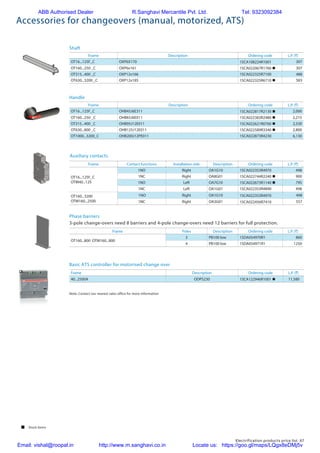 Electrification products price list 67
Frame Description Ordering code L.P. (`)
OT16...125F_C OXP6X170 1SCA108224R1001 307
OT160...250 _C OXP6x161 1SCA022067R1760 n 307
OT315...400 _C OXP12x166 1SCA022325R7100 488
OT630...3200 _C OXP12x185 1SCA022325R6710 n 583
Frame Description Ordering code L.P. (`)
OT16...125F_C OHB45J6E311 1SCA022817R2130 n 2,000
OT160...250 _C OHB65J6E011 1SCA022383R2480 n 2,215
OT315...400 _C OHB95J12E011 1SCA022621R0760 n 2,530
OT630...800 _C OHB125J12E011 1SCA022589R3340 n 2,800
OT1000...3200_C OHB200J12PE011 1SCA022873R4230 6,130
Shaft
Handle
Accessories for changeovers (manual, motorized, ATS)
Frame Contact functions Installation side Description Ordering code L.P. (`)
OT16...125F_C
OTM40...125
1NO Right OA1G10 1SCA022353R4970 498
1NC Right OA8G01 1SCA022744R2240 n 900
1NO Left OA7G10 1SCA022673R1140 n 795
1NC Left OA1G01 1SCA022353R4890 498
OT160...3200
OTM160...2500
1NO Right OA1G10 1SCA022353R4970 498
1NC Right OA3G01 1SCA022456R7410 557
Auxiliary contacts
Phase barriers
3-pole change-overs need 8 barriers and 4-pole change-overs need 12 barriers for full protection.
Frame Poles Description Ordering code L.P. (`)
OT160...800 OTM160...800
3 PB100 low 1SDA054970R1 860
4 PB100 low 1SDA054971R1 1250
Note: Contact our nearest sales office for more information
Basic ATS controller for motorised change over
Frame Description Ordering code L.P. (`)
40...2500A ODPS230 1SCA122946R1001 n 11,580
 Stock items
ABB Authorised Dealer R.Sanghavi Mercantile Pvt. Ltd. Tel: 9323092384
Email: vishal@roopal.in http://www.m.sanghavi.co.in Locate us: https://goo.gl/maps/LQgx8eDMj5v
 