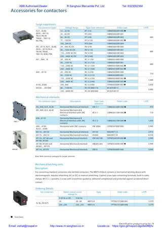 Electrification products price list 79
Accessories for contactors
Mechanical latching units
Surge suppressors
Description
Ordering Details
Mechanical interlocks
For contactor types Voltage Range Type Code reference Order Code L.P.(`)
AL9…AL40,
AE45…AE110,
TAL9..TAL40
TAE45…TAE110
NL/TNL,
12…32 DC RT 5/32 1SBN050020R1000 n
680
25…65 DC RT 5/65 1SBN050020R1001
50…90 DC RT 5/90 1SBN050020R1002
77…150 DC RT 5/150 1SBN050020R1003 n
150...264 DC RT5/264 1SBN050020R1004
A9…A110, AL9…AL40,
AE45…AE10,TAL9…
TAL40, TAE45…
TAE110, N/NL/TNL
24…50V AC/DC RV 5/50 1SBN050010R1000
680
50…133V AC/DC RV 5/133 1SBN050010R1001
110…250V AC/DC RV 5/250 1SBN050010R1002
250…440V AC/DC RV 5/440 1SBN050010R1003
A9….A40 , N 24…50V AC RC 5-1/50 1SBN050100R1000
680
50…133V AC RC 5-1/133 1SBN050100R1001
110…250V AC RC 5-1/250 1SBN050100R1002 n
250…440V AC RC 5-1/440 1SBN050100R1003 n
A45…A110 24…50V AC RC 5-2/50 1SBN050200R1000
710
50…133V AC RC 5-2/133 1SBN050200R1001
110…250V AC RC 5-2/250 1SBN050200R1002 n
1,000
250…440V AC RC 5-2/440 1SBN050200R1003 n
A145...A300 250...440 RC 5-3/440 1SFN050300R1003 n 2,030
EK550…..EK1000 48…110V/AC RC-EH 800/110 SK 829 007-C
3,000
220…600V/AC RC-EH 800/600 SK 829 007-D
For contactors Rated control circuit
voltage Uc
Type Order code L.P.(`)
V 50 Hz or DC V 60 Hz
N, NL, A9-A75
24 24...28 WB75-A FPTN372726R1001 5,370
220...230 220...255 WB75-A FPTN372726R1006 5,370
For contactor types Description Type Code
reference
Order Code L.P.(`)
A9...A40, AL9...AL40 Horizontal Mechanical Interlock VM 5-1 1SBN030100R1000 n 470
A9...A40, AL9...AL40 Horizontal Mechanical &
Electrical Interlock with 2NC
contacts
VE 5-1 1SBN030110R1000 n 710
A30...A110 Horizontal Mechanical &
Electrical Interlock with 2NC
contacts
VE 5-2 1SBN030210R1000 n 1,430
A95…A185,
A210…A300
Horizontal with 2NC contacts VM 300H 1SFN034700R1000 2,940
EK110…EK150 Horizontal Mechanical Interlock VH145 SK829071-A 3,910
EK175…EK210 Horizontal Mechanical Interlock VH300 SK829071-B 4,550
AF116...AF146 and
AF190. AF205
Horizontal Mechnical Interlock VM140/190 1SFN034403R1000 n 2,940
AF190, AF205 and
AF265 ... AF370
Horizontal Mechnical Interlock VM205/265 1SFN035203R1000 n 2,940
AF116...AF370 Horizontal Mechnical Interlock VM19 1SFN030300R1000 3,040
Note: Refer technical catalogue for proper selection.
VM5-1
VM300
For converting standard contactors into latched contactors. The WB75-A block contains a mechanical latching device with
electromagnetic impulse unlatching (AC or DC) or manual unlatching. Captive screw type connecting terminals, built-in cable
clamps, M3.5 (+,-) pozidriv 2 screw with screwdriver guidance; delivered untightened and protected against accidental direct
contact.	
 Stock items
ABB Authorised Dealer R.Sanghavi Mercantile Pvt. Ltd. Tel: 9323092384
Email: vishal@roopal.in http://www.m.sanghavi.co.in Locate us: https://goo.gl/maps/LQgx8eDMj5v
 