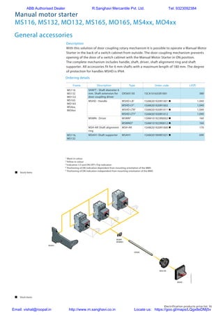 Electrification products price list 91
Manual motor starter
MS116, MS132, MO132, MS165, MO165, MS4xx, MO4xx
General accessories
Description
With this solution of door coupling rotary mechanism it is possible to operate a Manual Motor
Starter in the back of a switch cabinet from outside. The door coupling mechanism prevents
opening of the door of a switch cabinet with the Manual Motor Starter in ON position.
The complete mechanism includes handle, shaft, driver, shaft alignment ring and shaft
supporter. All accessories fit for 6 mm shafts with a maximum length of 180 mm. The degree
of protection for handles MSHD is IP64.
Ordering details
Frame Description Type Order code L.P.(`)
MS116
MS132
MO132
MS165
MO165
MS4xx,
MO4xx
SHAFT - Shaft diameter 6
mm. Shaft extension for
door coupling driver
OXS6X130 1SCA101655R1001 380
MSHD - Handle MSHD-LB1
1SAM201920R1001 n 1,040
MSHD-LY2
1SAM201920R1002 1,040
MSHD-LTB3
1SAM201920R1011 n 1,040
MSHD-LTY3
1SAM201920R1012 1,040
MSMN- Driver MSMN4
1SAM101923R0002 n 160
MSMNO5
1SAM101923R0012 n 160
MSH-AR Shaft alignment
ring 
MSH-AR 1SAM201920R1000 n 170
MS116,
MS132
MSAH1-Shaft supporter MSAH1 1SAM201909R1021 n 690
 Stock items
MS116, MS132, MO132, MS4xx, MO4xx
General accessories
OXS6X
MSHD
MSAH1
MSH-AR
MSMN
MSMNO
2CDC242022F0013
2
1)
Black in colour
2)
Yellow in colour
3)
Indication I-O and ON-OFF+Trip indication
4)
Positioning of ON indication dependent from mounting orientation of the MMS
5)
Positioning of ON indication independent from mounting orientation of the MMS
 Stock items
ABB Authorised Dealer R.Sanghavi Mercantile Pvt. Ltd. Tel: 9323092384
Email: vishal@roopal.in http://www.m.sanghavi.co.in Locate us: https://goo.gl/maps/LQgx8eDMj5v
 