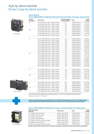 ABB AG Fiyat Listesi 2 Kasım 2015 | 99
Açık tip devre kesiciler
Emax 2 açık tip devre kesiciler
Enerji ölçümü
Emax 2 (630-6300A, 42-200 kA), Ekip Touch koruma üniteli, 3 kutuplu, çekmeceli tip
Koruma
fonksiyonu
Emax 2 tipi
Kesme kapasitesi
Icu (kA) 415VAC
Kodu
Fiyatı
TL/Adet
LI E2.2S 2000A, Ekip Touch + Ölçüm modülü 85 1SDA072394R1E 11.852,00
E2.2S 2500A, Ekip Touch + Ölçüm modülü 85 1SDA072424R1E 14.494,00
E4.2S 3200A, Ekip Touch + Ölçüm modülü 85 1SDA072504R1E 16.830,00
E4.2S 4000A, Ekip Touch + Ölçüm modülü 85 1SDA072554R1E 24.376,00
LSI E2.2S 2000A, Ekip Touch + Ölçüm modülü 85 1SDA072395R1E 12.269,00
E2.2S 2500A, Ekip Touch + Ölçüm modülü 85 1SDA072425R1E 15.070,00
E4.2S 3200A, Ekip Touch + Ölçüm modülü 85 1SDA072505R1E 17.393,00
E4.2S 4000A, Ekip Touch + Ölçüm modülü 85 1SDA072555R1E 25.074,00
LI E2.2H 1250A, Ekip Touch + Ölçüm modülü 100 1SDA072324R1E 8.686,00
E2.2H 1600A, Ekip Touch + Ölçüm modülü 100 1SDA072364R1E 10.616,00
E2.2H 2000A, Ekip Touch + Ölçüm modülü 100 1SDA072404R1E 12.736,00
E2.2H 2500A, Ekip Touch + Ölçüm modülü 100 1SDA072434R1E 15.675,00
E4.2H 3200A, Ekip Touch + Ölçüm modülü 100 1SDA072514R1E 18.250,00
E4.2H 4000A, Ekip Touch + Ölçüm modülü 100 1SDA072564R1E 25.829,00
E6.2H 5000A, Ekip Touch + Ölçüm modülü 100 1SDA072614R1E 43.543,00
E6.2H 6300A, Ekip Touch + Ölçüm modülü 100 1SDA072644R1E 66.728,00
LSI E2.2H 1250A, Ekip Touch + Ölçüm modülü 100 1SDA072325R1E 8.985,00
E2.2H 1600A, Ekip Touch + Ölçüm modülü 100 1SDA072365R1E 10.971,00
E2.2H 2000A, Ekip Touch + Ölçüm modülü 100 1SDA072405R1E 13.155,00
E2.2H 2500A, Ekip Touch + Ölçüm modülü 100 1SDA072435R1E 16.198,00
E4.2H 3200A, Ekip Touch + Ölçüm modülü 100 1SDA072515R1E 18.855,00
E4.2H 4000A, Ekip Touch + Ölçüm modülü 100 1SDA072565R1E 26.699,00
E6.2H 5000A, Ekip Touch + Ölçüm modülü 100 1SDA072615R1E 44.142,00
E6.2H 6300A, Ekip Touch + Ölçüm modülü 100 1SDA072645R1E 67.485,00
LI E4.2V 4000A, Ekip Touch + Ölçüm modülü 150 1SDA072574R1E 29.552,00
E6.2V 5000A, Ekip Touch + Ölçüm modülü 150 1SDA072624R1E 45.814,00
E6.2V 6300A, Ekip Touch + Ölçüm modülü 150 1SDA072654R1E 70.221,00
LSI E4.2V 4000A, Ekip Touch + Ölçüm modülü 150 1SDA072575R1E 30.621,00
E6.2V 5000A, Ekip Touch + Ölçüm modülü 150 1SDA072625R1E 46.347,00
E6.2V 6300A, Ekip Touch + Ölçüm modülü 150 1SDA072655R1E 70.876,00
LI E6.2X 4000A, Ekip Touch + Ölçüm modülü 200 1SDA072604R1E 54.042,00
E6.2X 5000A, Ekip Touch + Ölçüm modülü 200 1SDA072634R1E 54.855,00
E6.2X 6300A, Ekip Touch + Ölçüm modülü 200 1SDA072664R1E 84.225,00
LSI E6.2X 4000A, Ekip Touch + Ölçüm modülü 200 1SDA072605R1E 54.126,00
E6.2X 5000A, Ekip Touch + Ölçüm modülü 200 1SDA072635R1E 55.516,00
E6.2X 6300A, Ekip Touch + Ölçüm modülü 200 1SDA072665R1E 85.028,00
Emax 2 Ekip Touch devre kesicilerde sonu “E” harfi ile biten kodlar için Ekip Measuring Ölçüm Modülü liste fiyatlarına dahildir.
Ekip Touch Koruma modülü ve Measuring Ölçüm Modülü sayesinde I, U, V, P, Q, cos , f değerleri faz bașına görüntülenir.
Aksesuarlar için sayfa 101-107’ye bakınız.
E4.2V 4000A
E6.2H 4000A
Emax 2 (630-6300A, 42-200 kA), 3 kutuplu, çekmeceli tipler için sabit parça
Kullanılacak devre
kesici tipi
Terminal tipi Kodu
Fiyatı
TL/Adet
E1.2 1600A’e kadar sabit parça Arkadan yatay HR-HR 1SDA073907R1 1.037,00
E2.2 2000A’e kadar sabit parça Arkadan yatay HR-HR 1SDA073909R1 1.406,00
E2.2 2500A için sabit parça Arkadan yatay HR-HR 1SDA073911R1 1.980,00
E4.2 3200A’e kadar sabit parça Arkadan yatay HR-HR 1SDA073913R1 2.083,00
E4.2 4000A için veya E4.2V için sabit parça Arkadan yatay HR-HR 1SDA073915R1 3.447,00
E6.2 5000A’e kadar sabit parça Arkadan yatay HR-HR 1SDA073917R1 5.646,00
E6.2 6300A için veya E6.2X için sabit parça Arkadan yatay HR-HR 1SDA073920R1 5.939,00
Arkadan yatay HR-HR terminaller, ilave kite ihtiyaç duymaksızın sahada 90°C dikey terminal olarak ayarlanabilir.
E2.2 sabit parça
Emax 2 çekmeceli tip açık tip devre kesiciler, sabit ve hareketli iki parçadan olușur. Her iki kodun birlikte sipariș
edilmesi gerekir. (Örn: Sayfa 98 ve 99’daki Ekip Touch devre kesiciler için sayfa 99’daki Emax 2 sabit parça)
 