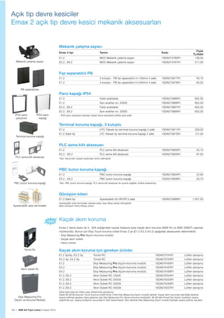 102 | ABB AG Fiyat Listesi 2 Kasım 2015
Mekanik çalıșma sayacı
Emax 2 tipi Tanımı Kodu
Fiyatı
TL/Adet
E1.2 MOC Mekanik çalıșma sayacı 1SDA073780R1 139,00
E2.2...E6.2 MOC Mekanik çalıșma sayacı 1SDA073781R1 211,00
Faz seperatörü PB
E1.2 3 kutuplu - PB faz seperatörü H=100mm 4 adet 1SDA073877R1 40,10
E1.2 3 kutuplu - PB faz seperatörü H=200mm 4 adet 1SDA073879R1 65,00
Pano kapağı IP54
E1.2 Farklı anahtarlar 1SDA073866R1 602,00
E1.2 Aynı anahtar no: 20005 1SDA073868R1 602,00
E2.2...E6.2 Farklı anahtarlar 1SDA073867R1 602,00
E2.2...E6.2 Aynı anahtar no: 20005 1SDA073869R1 602,00
- IP30 pano çerçevesi standart olarak devre kesicilerle birlikte sevk edilir.
Terminal koruma kapağı, 3 kutuplu
E1.2 HTC Yüksek tip terminal koruma kapağı 2 adet 1SDA073871R1 328,00
E1.2 Sabit tip LTC Yüksek tip terminal koruma kapağı 2 adet 1SDA073873R1 121,00
PLC asma kilit aksesuarı
E1.2 PLC asma kilit aksesuarı 1SDA073800R1 42,10
E2.2…E6.2 PLC asma kilit aksesuarı 1SDA073803R1 67,00
*Not: Asma kilit müșteri tarafından temin edilmelidir.
PBC buton koruma kapağı
E1.2 PBC buton koruma kapağı 1SDA073854R1 22,90
E2.2…E6.2 PBC buton koruma kapağı 1SDA073858R1 26,70
*Not: PBC buton koruma kapağı, PLC asma kilit aksesuarı ile uyumlu değildir, birlikte kullanılmaz.
Dönüșüm kitleri
E1.2 Sabit tip Ayarlanabilir Kit HR/VR 3 adet 1SDA073989R1 1.057,00
Ayarlanabilir arka terminaller sahada yatay veya dikey olarak dönüșebilir.
İlave dönüșüm kitine ihtiyaç yoktur.
Kaçak akım koruma için gereken ürünler
E1.2 3p/4p, E2.2 3p Toroid RC 1SDA073741R1 Lütfen danıșınız
E2.2 4p, E4.2 3p Toroid RC 1SDA073742R1 Lütfen danıșınız
E1.2 Ekip Measuring Pro ölçüm+koruma modülü 1SDA074185R1 Lütfen danıșınız
E2.2 Ekip Measuring Pro ölçüm+koruma modülü 1SDA074187R1 Lütfen danıșınız
E4.2 Ekip Measuring Pro ölçüm+koruma modülü 1SDA074189R1 Lütfen danıșınız
E1.2..E6.2 Akım Soketi RC 1250A 1SDA074254R1 Lütfen danıșınız
E1.2..E6.2 Akım Soketi RC 2000A 1SDA074255R1 Lütfen danıșınız
E1.2..E6.2 Akım Soketi RC 3200A 1SDA074256R1 Lütfen danıșınız
E1.2..E6.2 Akım Soketi RC 4000A 1SDA074257R1 Lütfen danıșınız
Daha fazla bilgi için lütfen satıș ofislerimizle görüșünüz.
Sayfa 96-99’da bulunan Touch koruma üniteli Emax 2’lere Ekip Measuring ölçüm modülü dahildir. Kaçak akım koruması istenildiği takdirde
sipariș edilmesi gereken daha gelișmiș olan Ekip Measuring Pro ölçüm+koruma modülüdür. 96-99’daki Emax2’leri ölçüm modülsüz sipariș
edebilmek için, sipariș kodlarının sonundaki E harfi kaldırılmalıdır. Aksi takdirde Ekip Measuring ölçüm modülü fazladan sipariș edilmiș olacaktır.
Açık tip devre kesiciler
Emax 2 açık tip devre kesici mekanik aksesuarları
Kaçak akım koruma
Emax 2 devre kesici ile 3...30A aralığındaki toprak hatasına karșı kaçak akım koruma (ANSI 64 ve ANSI 50NDT) yapmak
mümkündür. Bunun için Ekip Touch koruma üniteli Emax 2’ye (E1.2-E2.2-E4.2) așağıdaki aksesuarlar eklenmelidir;
- Ekip Measuring Pro ölçüm+koruma modülü
- Kaçak akım soketi
- Harici toroid
Ayarlanabilir arka terminaller
PBC buton koruma kapağı
PLC asma kilit aksesuarı
Terminal koruma kapağı
Mekanik çalıșma sayacı
IP54 pano
kapağı
IP30 pano
çerçevesi
PB seperatörler
Toroid Rc
Akım soketi Rc
Ekip Measuring Pro
Ölçüm ve Koruma Modülü
 