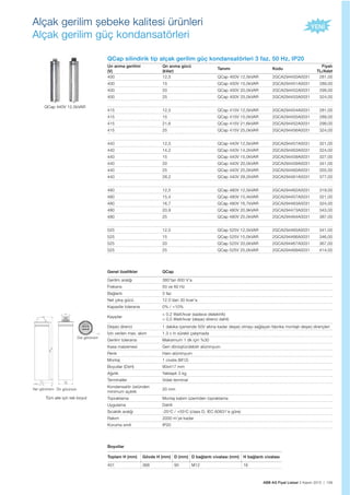 ABB AG Fiyat Listesi 2 Kasım 2015 | 109
Alçak gerilim șebeke kalitesi ürünleri
Alçak gerilim güç kondansatörleri
QCap silindirik tip alçak gerilim güç kondansatörleri 3 faz, 50 Hz, IP20
Un anma gerilimi
(V)
Qn anma gücü
(kVar)
Tanımı Kodu
Fiyatı
TL/Adet
400 12,5 QCap 400V 12,5kVAR 2GCA294450A0031 281,00
400 15 QCap 400V 15,0kVAR 2GCA294451A0031 289,00
400 20 QCap 400V 20,0kVAR 2GCA294452A0031 299,00
400 25 QCap 400V 25,0kVAR 2GCA294453A0031 324,00
415 12,5 QCap 415V 12,5kVAR 2GCA294454A0031 281,00
415 15 QCap 415V 15,0kVAR 2GCA294455A0031 289,00
415 21,6 QCap 415V 21,6kVAR 2GCA294452A0031 299,00
415 25 QCap 415V 25,0kVAR 2GCA294456A0031 324,00
440 12,5 QCap 440V 12,5kVAR 2GCA294457A0031 321,00
440 14,2 QCap 440V 14,2kVAR 2GCA294463A0031 324,00
440 15 QCap 440V 15,0kVAR 2GCA294458A0031 327,00
440 20 QCap 440V 20,0kVAR 2GCA294459A0031 341,00
440 25 QCap 440V 25,0kVAR 2GCA294460A0031 355,00
440 28,2 QCap 440V 28,2kVAR 2GCA294461A0031 377,00
480 12,5 QCap 480V 12,5kVAR 2GCA294462A0031 319,00
480 15,4 QCap 480V 15,4kVAR 2GCA294457A0031 321,00
480 16,7 QCap 480V 16,7kVAR 2GCA294463A0031 324,00
480 20,9 QCap 480V 20,9kVAR 2GCA294473A0031 343,00
480 25 QCap 480V 25,0kVAR 2GCA294464A0031 387,00
525 12,5 QCap 525V 12,5kVAR 2GCA294465A0031 341,00
525 15 QCap 525V 15,0kVAR 2GCA294466A0031 346,00
525 20 QCap 525V 20,0kVAR 2GCA294467A0031 367,00
525 25 QCap 525V 25,0kVAR 2GCA294468A0031 414,00
Genel özellikler QCap
Gerilim aralığı 380’tan 600 V’a
Frekans 50 ve 60 Hz
Bağlantı 3 faz
Net çıkıș gücü 12.5’dan 30 kvar’a
Kapasite toleransı 0% / +10%
Kayıplar
< 0.2 Watt/kvar (sadece dielektrik)
< 0,5 Watt/kvar (deșarj direnci dahil)
Deșarj direnci 1 dakika içerisinde 50V altına kadar deșarj olmayı sağlayan fabrika montajlı deșarj dirençleri
İzin verilen max. akım 1.3 c ln sürekli çalıșmada
Gerilim toleransı Maksimum 1 dk için %30
Kasa malzemesi Geri dönüștürülebilir alüminyum
Renk Ham alüminyum
Montaj 1 civata (M12)
Boyutlar (DxH) 90x417 mm
Ağırlık Yaklașık 3 kg
Terminaller Vidalı terminal
Kondansatör üstünden
minimum açıklık
20 mm
Topraklama Montaj kabini üzerinden topraklama
Uygulama Dahili
Sıcaklık aralığı -25o
C / +55o
C (class D, IEC 60831‘e göre)
Rakım 2000 m’ye kadar
Koruma sınıfı IP20
QCap 440V 12,5kVAR
Toplam H (mm) Gövde H (mm) D (mm) D bağlantı civatası (mm) H bağlantı civatası
401 368 90 M12 16
Boyutlar
Ön görünümYan görünüm
Üst görünüm
Tüm aile için tek boyut
 