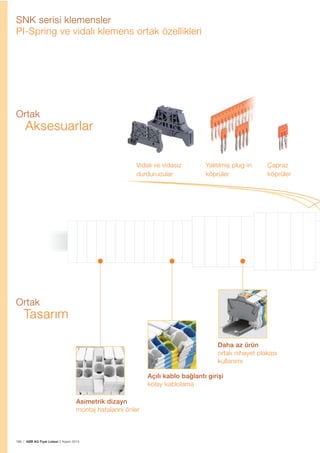 186 | ABB AG Fiyat Listesi 2 Kasım 2015
PI-Spring ve vida
SNK serisi klemensler
PI-Spring ve vidalı klemens ortak özellikleri
Ortak
Aksesuarlar
Yalıtılmıș plug-in
köprüler
Çapraz
köprüler
Vidalı ve vidasız
durdurucular
Asimetrik dizayn
montaj hatalarını önler
Daha az ürün
ortak nihayet plakası
kullanımı
Açılı kablo bağlantı giriși
kolay kablolama
Ortak
Tasarım
 