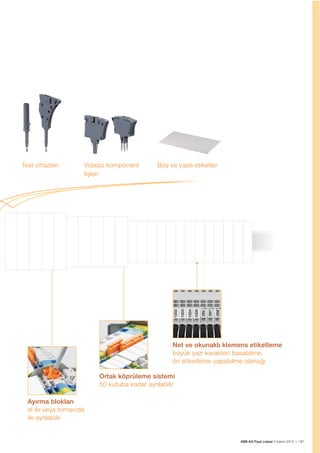 ABB AG Fiyat Listesi 2 Kasım 2015 | 187
Test cihazları Vidasız komponent
ﬁșleri
Boș ve yazılı etiketler
teknolojili klemensler
Ortak köprüleme sistemi
50 kutuba kadar ayrılabilir
Ayırma blokları
el ile veya tornavida
ile ayrılabilir
Net ve okunaklı klemens etiketleme
büyük yazı karakteri basabilme,
ön etiketleme yapabilme olanağı
 