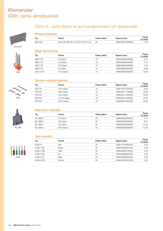 190 | ABB AG Fiyat Listesi 2 Kasım 2015
Klemensler
SNK serisi aksesuarlar
ZS10-S.. serisi ölçme ve ayırma klemensleri için aksesuarlar
Nihayet plakaları
Tip Tanımı Paket adedi Sipariș kodu
Fiyatı
TL/Adet
ES10-ST ZS10-ST, ZS10R1 ve ZS10-PE-R1 için 20 1SNK508910R0000 1,76
Vidalı tip köprüler
Tip Tanımı Paket adedi Sipariș kodu
Fiyatı
TL/Adet
JB8-2-R1 2'li köprü 10 1SNK908902R0000 2,73
JB8-3-R1 3'lü köprü 10 1SNK908903R0000 4,10
JB8-4-R1 4'lü köprü 10 1SNK908904R0000 5,46
JB8-5-R1 5'li köprü 10 1SNK908905R0000 6,83
JB8-10-R1 10'lu köprü 10 1SNK908910R0000 13,60
Yandan montajlı köprüler
Tip Tanımı Paket adedi Sipariș kodu
Fiyatı
TL/Adet
PC8-10 10'lu köprü 10 1SNA163313R2400 6,23
PC8-R1 4/6'lı köprü 10 1SNA400711R0600 16,50
PC8-R2 4/8'li köprü 10 1SNA400712R0700 16,50
PC8-R3 4/10'lu köprü 10 1SNA400713R0000 16,50
PC8-R4 3/4'lü köprü 10 1SNA400724R0300 16,50
Kısa devre köprüler
Tip Tanımı Paket adedi Sipariș kodu
Fiyatı
TL/Adet
SC-JB8-2 2'li köprü 25 1SNK900652R0000 5,76
SC-JB8-3 3'lü köprü 25 1SNK900653R0000 9,41
SC-JB8-4 4'lü köprü 25 1SNK900654R0000 10,10
SC-JB8-5 3/5'li köprü 25 1SNK900655R0000 11,50
Test soketleri
Tip Tanımı Paket adedi Sipariș kodu
Fiyatı
TL/Adet
AJS9 YL Sarı 25 1SNA179726R0200 3,23
AJS9-1 BK Siyah 25 1SNA206680R1500 3,23
AJS9-2 GN Yeșil 25 1SNA206681R0200 3,23
AJS9-3 GR Gri 25 1SNA206682R0300 3,23
AJS9-4 BL Mavi 25 1SNA206683R0400 3,23
AJS9-5 RD Kırmızı 25 1SNA206720R1400 3,23
ES10-ST
JB8
PC8
SC-JB8
AJS9
 