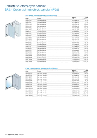 208 | ABB AG Fiyat Listesi 2 Kasım 2015
Düz kapılı panolar (montaj plakası dahil)
Kodu Tanımı
Boyutu
YxGxD mm
Fiyatı
TL/Adet
SRN3215K Düz kapılı panolar 300x200x150 160,00
SRN3315K Düz kapılı panolar 300x300x150 175,00
SRN3415K Düz kapılı panolar 300x400x150 202,00
SRN4315K Düz kapılı panolar 400x300x150 209,00
SRN4320K Düz kapılı panolar 400x300x200 259,00
SRN4420K Düz kapılı panolar 400x400x200 288,00
SRN4620K Düz kapılı panolar 400x600x200 375,00
SRN5320K Düz kapılı panolar 500x300x200 298,00
SRN5420K Düz kapılı panolar 500x400x200 316,00
SRN5425K Düz kapılı panolar 500x400x250 316,00
SRN6420K Düz kapılı panolar 600x400x200 360,00
SRN6425K Düz kapılı panolar 600x400x250 360,00
SRN6625K Düz kapılı panolar 600x600x250 403,00
SRN7520K Düz kapılı panolar 700x500x200 443,00
SRN7525K Düz kapılı panolar 700x500x250 431,00
SRN8625K Düz kapılı panolar 800x600x250 560,00
SRN8630K Düz kapılı panolar 800x600x300 631,00
SRN8830K Düz kapılı panolar 800x800x300 787,00
SRN10625K Düz kapılı panolar 1000x600x250 659,00
SRN10630K Düz kapılı panolar 1000x600x300 803,00
SRN10830K Düz kapılı panolar 1000x800x300 1.035,00
SRN12630K Düz kapılı panolar 1200x600x300 889,00
SRN12830K Düz kapılı panolar 1200x800x300 1.032,00
Cam kapılı panolar (montaj plakası hariç)
Kodu Tanımı
Boyutu
YxGxD mm
Fiyatı
TL/Adet
SRN5420VK Cam kapılı panolar 500x400x200 350,00
SRN5425VK Cam kapılı panolar 500x400x250 360,00
SRN6420VK Cam kapılı panolar 600x400x200 380,00
SRN6425VK Cam kapılı panolar 600x400x250 404,00
SRN7520VK Cam kapılı panolar 700x500x200 473,00
SRN7525VK Cam kapılı panolar 700x500x250 560,00
SRN8625VK Cam kapılı panolar 800x600x250 689,00
SRN8630VK Cam kapılı panolar 800x600x300 777,00
SRN10625VK Cam kapılı panolar 1000x600x250 766,00
SRN10630VK Cam kapılı panolar 1000x600x300 902,00
SRN10830VK Cam kapılı panolar 1000x800x300 1.076,00
SRN12630VK Cam kapılı panolar 1200x600x300 1.041,00
SRN12830VK Cam kapılı panolar 1200x800x300 1.216,00
Endüstri ve otomasyon panoları
SR2 - Duvar tipi monoblok panolar (IP65)
 