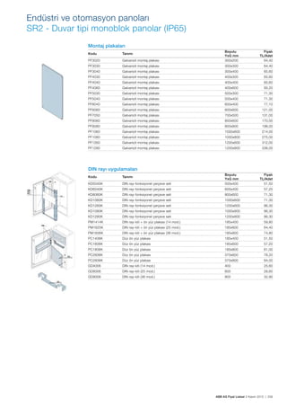 ABB AG Fiyat Listesi 2 Kasım 2015 | 209
Montaj plakaları
Kodu Tanımı
Boyutu
YxG mm
Fiyatı
TL/Adet
PF3020 Galvanizli montaj plakası 300x200 64,40
PF3030 Galvanizli montaj plakası 300x300 64,40
PF3040 Galvanizli montaj plakası 300x400 65,60
PF4030 Galvanizli montaj plakası 400x300 65,60
PF4040 Galvanizli montaj plakası 400x400 65,60
PF4060 Galvanizli montaj plakası 400x600 93,20
PF5030 Galvanizli montaj plakası 500x300 71,30
PF5040 Galvanizli montaj plakası 500x400 71,30
PF6040 Galvanizli montaj plakası 600x400 77,10
PF6060 Galvanizli montaj plakası 600x600 121,00
PF7050 Galvanizli montaj plakası 700x500 131,00
PF8060 Galvanizli montaj plakası 800x600 170,00
PF8080 Galvanizli montaj plakası 800x800 198,00
PF1060 Galvanizli montaj plakası 1000x600 214,00
PF1080 Galvanizli montaj plakası 1000x800 275,00
PF1260 Galvanizli montaj plakası 1200x600 312,00
PF1280 Galvanizli montaj plakası 1200x800 338,00
DIN rayı uygulamaları
Kodu Tanımı
Boyutu
YxG mm
Fiyatı
TL/Adet
KD5040K DIN rayı fonksiyonel çerçeve seti 500x400 51,50
KD6040K DIN rayı fonksiyonel çerçeve seti 600x400 57,20
KD8060K DIN rayı fonksiyonel çerçeve seti 800x600 71,30
KD1060K DIN rayı fonksiyonel çerçeve seti 1000x600 71,30
KD1260K DIN rayı fonksiyonel çerçeve seti 1200x600 86,30
KD1080K DIN rayı fonksiyonel çerçeve seti 1000x800 86,30
KD1280K DIN rayı fonksiyonel çerçeve seti 1200x800 86,30
PM1414K DIN rayı kiti + ön yüz plakası (14 mod.) 185x400 59,80
PM1625K DIN rayı kiti + ön yüz plakası (25 mod.) 185x600 64,40
PM1836K DIN rayı kiti + ön yüz plakası (36 mod.) 185x800 74,80
PC1406K Düz ön yüz plakası 185x400 51,50
PC1606K Düz ön yüz plakası 185x600 57,20
PC1806K Düz ön yüz plakası 185x800 61,00
PC2606K Düz ön yüz plakası 370x600 78,20
PC2806K Düz ön yüz plakası 370x800 84,00
GD4006 DIN rayı kiti (14 mod.) 400 25,60
GD6006 DIN rayı kiti (25 mod.) 600 28,60
GD8006 DIN rayı kiti (36 mod.) 800 32,90
Endüstri ve otomasyon panoları
SR2 - Duvar tipi monoblok panolar (IP65)
 