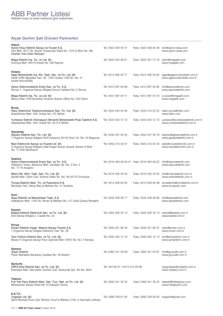 212 | ABB AG Fiyat Listesi 2 Kasım 2015
ABB Partner ListesiAlfabetik sıraya ve șirket merkezine göre sıralanmıștır.
Alçak Gerilim Șalt Ürünleri Partnerleri
Adana
Aykon Ekay Elektrik Sanayi ve Ticaret A.Ș. Tel: 0322 429 45 47 Faks: 0322 429 45 48 info@aykon-ekay.com
Yeni Mah. 6217 Sk. Büyük Toptancılar Sitesi No: 12/A (2.Blok No: 98) www.aykon-ekay.com
Ceyhan Yolu Üzeri Sarıçam
Mega Elektrik İnș. Tic. ve Ltd. Ști. Tel: 0322 453 48 61 Faks: 0322 457 72 18 bahri@megaelk.com
Kurtuluș Mah. 64019 Sokak No: 9/B Seyhan www.megaelk.com
Ankara
Ages Mühendislik İnș. Elk. Taah. San. ve Tic. Ltd. Ști. Tel: 0312 395 04 77 Faks: 0312 395 55 62 ages@agesmuhendislik.com.tr
İvedik OSB Ağaçișleri San. Sit. 1354 Cadde 1358 Sk. No: 41 www.agesmuhendislik.com.tr
İvedik/Yenimahalle
Aykon Elektromekanik Enerji San. ve Tic. A.Ș. Tel: 0312 267 00 88 Faks: 0312 267 00 95 info@aykonelektrik.com
Sincan 1. Organize Sanayi Bölgesi Erkunt Caddesi No: 2 Sincan www.aykonelektrik.com
Mega Elektrik İnș. Tic. ve Ltd. Ști. Tel: 0312 397 44 71 Faks: 0312 397 44 70 s.ozcan@megaelk.com
Macun Mah. ATB İșmerkezi Anadolu Bulvarı I/Blok No: 220 Ostim www.megaelk.com
Bursa
Halıcı Elektronik Telekomünikasyon San. Tic. Ltd. Ști. Tel: 0224 443 43 56 Faks: 0224 415 22 22 halici.bursa@halici.com
Alaaddinbey Mah. 639. Sokak No: 4/C Nilüfer www.halici.com
Yurtsever Elektrik Otomasyon Mimarlık Mühendislik Proje Taahhüt A.Ș. Tel: 0224 443 10 10 Faks: 0224 443 12 13 yurtsever@yurtseverelektrik.com.tr
Alaaddinbey Mah. 626. Sokak No: 28 D-E Nilüfer www.yurtseverelektrik.com.tr
Gaziantep
Geylani Elektrik San. Tic. Ltd. Ști. Tel: 0342 337 32 05 Faks: 0342 337 29 79 beyhan@geylanielektrik.com.tr
1.Organize Sanayi Bölgesi D400 Karayolu 83102 Nolu Cd. No: 24 Bașpınar www.geylanielektrik.com.tr
Mavi Elektronik Sanayi ve Ticaret Ltd. Ști. Tel: 0342 215 33 47 Faks: 0342 215 33 43 satis@mavielektronik.com.tr
3.Organize Sanayi Bölgesi Celal Doğan Bulvarı Sosyal Tesisler A Blok www.mavielektronik.com.tr
No: 71/A26 Șehitkamil
İstanbul
Aykon Elektromekanik Enerji San. ve Tic. A.Ș. Tel: 0216 464 09 20-21 Faks: 0216 464 09 22 info@aykonelektrik.com
Palladium Tower, Barboros Mah. Kardelen Sk. No: 2 Kat: 5 www.aykonelektrik.com
No: 17/18 Atașehir
Metro Elk. Müh. Taah. San. Tic. Ltd. Ști. Tel: 0216 420 40 40 Faks: 0216 420 79 42 info@metroelektrik.com.tr
Șerifali Mah. Çetin Cad. İbrahim Hakkı Sk. No: 36 34775 Ümraniye www.metroelektrik.com.tr
Tümpa Elektrik Malz. Tic. ve Pazarlama A.Ș. Tel: 0212 256 94 05 Faks: 0212 256 95 99 tumelektrik@tumelektrik.com.tr
Bankalar Cad. Yakup Bey İș Merkezi No: 31 Karaköy www.tumgrubu.com
İzmir
Apaz Elektrik ve Malzemeleri Taah. A.Ș. Tel: 0232 459 28 77 Faks: 0232 459 28 66 info@apazelektrik.com
Halkapınar Mah. 1345 Sk. Boran İș Merkezi No: 4-C Gıda Çarșısı/Yenișehir www.apazelektrik.com
Kayseri
Bașkal Elektrik Elektronik San. ve Tic. Ltd. Ști. Tel: 0352 330 33 13 Faks: 0352 330 33 13 baskal@baskal.com.tr
Eski Sanayi Bölgesi 2. Cadde No: 22 www.baskal.com.tr
Konya
Konen Elektrik İnșaat Makina Sanayi Ticaret A.Ș. Tel: 0332 251 82 34 Faks: 0332 251 82 37 satis@konen.com.tr
1.Organize Sanayi Bölgesi İstikamet Cad. No: 28 www.konen.com.tr
Yeni Yıldırım Elektrik San. ve Tic. Ltd. Ști. Tel: 0332 345 12 10 Faks: 0332 345 12 13 info@yeniyildirim.com.tr
Büsan 4 Organize Sanayi Fevzi Çakmak Mah.10670 Sk. No: 2 Karatay www.yeniyildirim.com.tr
Samsun
Güçlü Elektrik Tel: 0362 431 28 09 Faks: 0362 431 53 67 info@gucluelk.com.tr
Pazar Mahallesi Necipbey Caddesi No: 29 İlkadım www.gucluelk.com.tr
Șanlıurfa
URFA Ekol Elektrik San. ve Tic. Ltd. Ști. Tel: 444 63 27 / 0414 313 29 99 ulasgulebak@urfaekol.com.tr
Esentepe Mah. Necmettin Cevheri Cad. Sarıkonak Apt. Altı No: 68/A www.urfaekol.com.tr
Trabzon
Full-Tek Pano Elektrik Malz. San. Turz. Nak. ve Tic. Ltd. Ști. Tel: 0462 341 30 52 Faks: 0462 341 36 25 destek@fulltekpano.com
Mobilyacılar Sanayi Sitesi No:16 Kașüstü-Yomra www.fulltekpano.com
K.K.T.C.
Togaylar Ltd. Ști. Tel: 0392 228 61 55 Faks: 0392 228 59 32 togaylar@gmail.com
Șehit Mustafa Ruso Cad. Muhtar Yusuf İș Merkezi 2 No: 5 Kaymaklı Lefkoșe
 