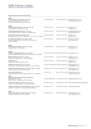ABB AG Fiyat Listesi 2 Kasım 2015 | 213
ABB Partner ListesiAlfabetik sıraya ve șirket merkezine göre sıralanmıștır.
Alçak Gerilim Pano Partnerleri
Adana
Alan Otomasyon ve Müh.Hiz.San.Tic.Ltd.Ști. Tel: 0322 999 57 00 Faks: 0322 999 58 00 alan@alanotomasyon.com.tr
Turhan Cemal Beriker Bulvarı Onur Mah. www.alanotomasyon.com.tr
No: 375 Adana-Mersin Karayolu Üzeri Seyhan
Ankara
APK Mühendislik Elektrik İnș. San. ve Tic. Ltd. Ști. Tel: 0312 395 37 18 Faks: 0312 395 37 18 yalcin@apk.com.tr
Arı Sanayi Sitesi 709 Sokak No: 12 Ostim www.apk.com.tr
Aykon Elektromekanik Enerji San. ve Tic. A.Ș. Tel: 0312 444 72 95 Faks: 0312 267 00 95 fabrika@aykonelektrik.com
Anadolu OSB 30 Ağustos Caddesi No: 16 Malıköy Sincan www.aykonelektrik.com
Epu Elektronik Proje ve Uygulama Ltd. Ști. Tel: 0312 278 16 04 Faks: 0312 278 16 82 epu@epu.com.tr
Dökmeci San. Sit. 2500. Cd. 11. Blok No: 12-13-14-15-16-17-18 Șașmaz www.epu.com.tr
Form Grup Enerji Sanayi ve Dıș Ticaret Ltd. Ști. Tel: 0312 395 04 77 Faks: 0312 395 55 62 agenc@formenerji.com
İvedik OSB Ağaç İșleri San. Sit. 1354 Cad. 1358 Sk. No: 41 www.formenerji.com
İvedik/Yenimahalle
Denizli
TEDAK Elektrik Otomasyon San. ve Tic. Ltd. Ști. Tel: 0258 267 23 93 Faks: 0258 267 23 75 cemil@tedak.com.tr
Hacıeyüplü Mah. 3126 Sokak No: 3 www.tedak.com.tr
İstanbul
Art Pano İmalat Mühendislik San. ve Tic. Ltd. Ști. Tel: 0216 484 00 21 pbx Faks: 0216 484 64 50 www.artpano.com.tr
Tașdelen Sultançiftliği Mah. Atatürk Cad. Lületașı Sk. No: 3 Çekmeköy
BBM Pano Mühendislik San. Tic. Ltd. Ști. Tel: 0212 294 82 26 Faks: 0212 294 42 46 info@bbmpano.com
Merkez Mah. 226 Sokak No: 3 Yakuplu Beylikdüzü www.bbmpano.com
GVD Elektrik A.Ș. Tel: 0216 376 76 00 Faks: 0216 376 02 02 gvd@gvd.com.tr
Tepeören Mah. Atayolu Cad. No: 5 Tuzla www.gvd.com.tr
İBAR Elektrik Taahhüt San. ve Tic. Ltd. Ști. Tel: 0212 320 39 39 pbx Faks: 0216 320 96 59 info@ibarelektrik.com.tr
Okmeydanı, Perpa Ticaret Merkezi A Blok Kat: 13 No: 1979 Șișli www.ibarelektrik.com.tr
Meda Pano İklimlendirme Elek. İnș. Taah. Paz. San. Tic. Ltd. Ști. Tel: 0216 364 40 35-36 Faks: 0216 364 40 37 satis@medapano.com
Y.Dudullu OSB 1.Cadde No: 30/B Ümraniye www.medapano.com
Optimus Doruk Elektrik A.Ș. Tel: 444 11 05 Faks: 0212 324 59 86 info@optimusdoruk.com
Sanayi Mah. Sultan Selim Cad. Șahinler Sok. No: 10 K.1 Kağıthane www.optimusdoruk.com
İzmir
ESPRO Elektrik Elektronik Otomasyon Taahhüt ve
Makine San. Tic. Ltd. Ști. Tel: 0232 449 96 79-80 Faks: 0232 457 43 88 info@esprootomasyon.com.tr
Kazım Dirik Mah. Üniversite Cad. No: 98 Bornova
Panorama Elk. Sist. Otom. Müh. San. Tic. Ltd. Ști. Tel: 0232 472 07 67 Faks: 0232 472 07 65 ozlem.arucan@panoramamuhendislik.com
7418/1 Sk. 5. Sanayi Sitesi No: 7/A Pınarbașı / Bornova
Vanguard Automation & Drives Elektrik San. ve Dıș Tic. Ltd. Ști. Tel: 0232 457 58 11 Faks: 0232 457 58 99 istanbul@vanguard-ad.eu
Ulus Mah. 136 Sokak No: 10 Koyundere 35662 Menemen
Yalova
Birfen Elektrik Elektronik İnșaat Gemi San. Tic. Ltd. Ști. Tel: 0226 353 22 71 Faks: 0226 353 33 44 info@birfenelektrik.com.tr
Tașköprü Sanayi Sitesi 3. Yol No: 8 Tașköprü www.birfenelektrik.com.tr
 