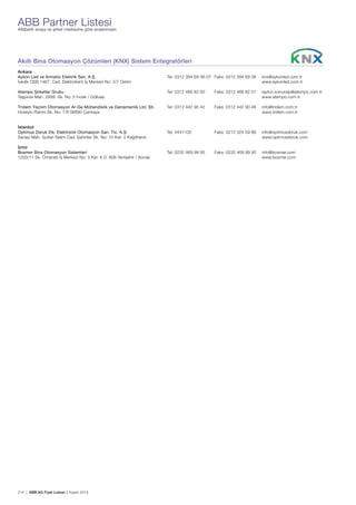 214 | ABB AG Fiyat Listesi 2 Kasım 2015
ABB Partner ListesiAlfabetik sıraya ve șirket merkezine göre sıralanmıștır.
Akıllı Bina Otomasyon Çözümleri (KNX) Sistem Entegratörleri
Ankara
Aykon Led ve Armatür Elektrik San. A.Ș. Tel: 0312 394 69 06-07 Faks: 0312 394 69 08 knx@aykonled.com.tr
İvedik OSB 1467. Cad. Elektrokent İș Merkezi No: 2/7 Ostim www.aykonled.com.tr
Atempo Șirketler Grubu Tel: 0312 466 82 00 Faks: 0312 466 82 01 tayfun.konuralp@atempo.com.tr
Tașpınar Mah. 2899. Sk. No: 5 İncek / Gölbașı www.atempo.com.tr
Tridem Yazılım Otomasyon Ar-Ge Mühendislik ve Danıșmanlık Ltd. Ști. Tel: 0312 442 90 42 Faks: 0312 442 90 46 info@tridem.com.tr
Hüseyin Rahmi Sk. No: 7/8 06690 Çankaya www.tridem.com.tr
İstanbul
Optimus Doruk Elk. Elektronik Otomasyon San. Tic. A.Ș. Tel: 4441105 Faks: 0212 324 59 86 info@optimusdoruk.com
Sanayi Mah. Sultan Selim Cad. Șahinler Sk. No: 10 Kat: 2 Kağıthane www.optimusdoruk.com
İzmir
Bosmer Bina Otomasyon Sistemleri Tel: 0232 469 99 95 Faks: 0232 469 99 95 info@bosmer.com
1203/11 Sk. Ömeratlı İș Merkezi No: 3 Kat: 6 D: 606 Yenișehir / Konak www.bosmer.com
 