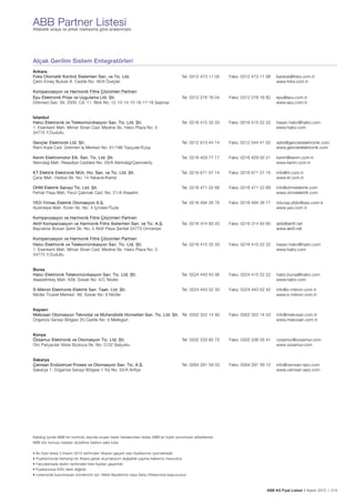 ABB AG Fiyat Listesi 2 Kasım 2015 | 215
ABB Partner ListesiAlfabetik sıraya ve șirket merkezine göre sıralanmıștır.
Katalog içinde ABB’nin kontrolü dıșında olușan baskı hatalarından dolayı ABB’ye hiçbir sorumluluk atfedilemez.
ABB söz konusu hataları düzeltme hakkını saklı tutar.
Alçak Gerilim Sistem Entegratörleri
Ankara
Foks Otomatik Kontrol Sistemleri San. ve Tic. Ltd. Tel: 0312 473 11 05 Faks: 0312 473 11 08 karatas@foks.com.tr
Çetin Emeç Bulvarı 8. Cadde No: 46/8 Öveçler www.foks.com.tr
Kompanzasyon ve Harmonik Filtre Çözümleri Partneri
Epu Elektronik Proje ve Uygulama Ltd. Ști. Tel: 0312 278 16 04 Faks: 0312 278 16 82 epu@epu.com.tr
Dökmeci San. Sit. 2500. Cd. 11. Blok No: 12-13-14-15-16-17-18 Șașmaz www.epu.com.tr
İstanbul
Halıcı Elektronik ve Telekomünikasyon San. Tic. Ltd. Ști. Tel: 0216 415 33 33 Faks: 0216 415 22 22 hasan.halici@halici.com
1. Esenkent Mah. Mimar Sinan Cad. Medine Sk. Halıcı Plaza No: 3 www.halici.com
34775 Y.Dudullu
Gençler Elektronik Ltd. Ști. Tel: 0212 613 44 14 Faks: 0212 544 41 02 satis@genclerelektronik.com
Rami Kıșla Cad. Üretmen İș Merkezi No: 61/186 Topçular/Eyüp www.genclerelektronik.com
Kerim Elektromotor Elk. San. Tic. Ltd. Ști. Tel: 0216 429 77 17 Faks: 0216 429 00 21 kerim@kerim.com.tr
Alemdağ Mah. Reșadiye Caddesi No: 29/A Alemdağ/Çekmeköy www.kerim.com.tr
KT Elektrik Elektronik Müh. Hiz. San. ve Tic. Ltd. Ști. Tel: 0216 671 07 14 Faks: 0216 671 07 15 info@kt.com.tr
Çarșı Mah. Hediye Sk. No: 14 Yakacık/Kartal www.kt.com.tr
OHM Elektrik Sanayi Tic. Ltd. Ști. Tel: 0216 471 22 68 Faks: 0216 471 22 69 info@ohmelektrik.com
Ferhat Pașa Mah. Fevzi Çakmak Cad. No: 21/A Atașehir www.ohmelektrik.com
YEO Yılmaz Elektrik Otomasyon A.Ș. Tel: 0216 494 26 76 Faks: 0216 494 26 77 tolunay.yildiz@yeo.com.tr
Aydıntepe Mah. Evren Sk. No: 4 İçmeler/Tuzla www.yeo.com.tr
Kompanzasyon ve Harmonik Filtre Çözümleri Partneri
Aktif Kompanzasyon ve Harmonik Filtre Sistemleri San. ve Tic. A.Ș. Tel: 0216 314 93 20 Faks: 0216 314 93 60 akfs@aktif.net
Bayraktar Bulvarı Șehit Sk. No: 5 Aktif Plaza Șerifali 34775 Ümraniye www.aktif.net
Kompanzasyon ve Harmonik Filtre Çözümleri Partneri
Halıcı Elektronik ve Telekomünikasyon San. Tic. Ltd. Ști. Tel: 0216 415 33 33 Faks: 0216 415 22 22 hasan.halici@halici.com
1. Esenkent Mah. Mimar Sinan Cad. Medine Sk. Halıcı Plaza No: 3 www.halici.com
34775 Y.Dudullu
Bursa
Halıcı Elektronik Telekomünikasyon San. Tic. Ltd. Ști. Tel: 0224 443 43 56 Faks: 0224 415 22 22 halici.bursa@halici.com
Alaaddinbey Mah. 639. Sokak No: 4/C Nilüfer www.halici.com
S-Mikron Elektronik-Elektrik San. Taah. Ltd. Ști. Tel: 0224 443 52 33 Faks: 0224 443 52 42 info@s-mikron.com.tr
Nilüfer Ticaret Merkezi 66. Sokak No: 8 Nilüfer www.s-mikron.com.tr
Kayseri
Mekosan Otomasyon Teknoloji ve Mühendislik Hizmetleri San. Tic. Ltd. Ști. Tel: 0352 322 14 50 Faks: 0352 322 14 53 info@mekosan.com.tr
Organize Sanayi Bölgesi 25.Cadde No: 9 Melikgazi www.mekosan.com.tr
Konya
Özsamur Elektronik ve Otomasyon Tic. Ltd. Ști. Tel: 0332 233 82 72 Faks: 0332 236 05 41 ozsamur@ozsamur.com
Oto Parçacılar Sitesi Boyluca Sk. No: C/32 Selçuklu www.ozsamur.com
Sakarya
Çemsan Endüstriyel Proses ve Otomasyon San. Tic. A.Ș. Tel: 0264 291 59 03 Faks: 0264 291 59 12 info@cemsan-epo.com
Sakarya 1. Organize Sanayi Bölgesi 1.Yol No: 33/A Ariﬁye www.cemsan-epo.com
 