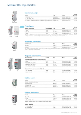 ABB AG Fiyat Listesi 2 Kasım 2015 | 33
Modüler DIN rayı cihazları
Merdiven otomatiği
Tanımı Tipi Kodu
Fiyatı
TL/Adet
1...7 dakika, 1VA E 232-230 2CDE110000R0501 94,40
0,5...20 dakika, 6VA E 232 E-230N 2CDE110003R0511 154,00
20...60 san., ıșık șiddeti düșürücü, programlanabilir, resetlenebilir E 232-HLM 2CDE150000R0521 147,00
Fotosel șalter
Aydınlık düzeyi (lux) Kontak sayısı Tipi Kodu
Fiyatı
TL/Adet
2 : 200 1NO T1 * 2CSM295563R1341 190,00
2 : 15.000 1CO T1 Plus * 2CSM295793R1341 330,00
2 : 200 1NO T1 Pole ** 2CSM295753R1341 267,00
*T1 ve T1 Plus DIN rayına montajlı tiptedir. Ișık sensörü pakete dahildir. Ișık sensörü istenirse LS-D kodu ile yedek parça olarak sipariș edilebilir.
** T1 Pole dıș mekanda aydınlatma direği veya duvar üzerine monte edilir, ıșık sensörü cihaz üzerine montelidir.
Astronomik zaman saati
Kontak sayısı Tipi Kodu
Fiyatı
TL/Adet
1NO/NC TWA-1 2CSM204365R1341 493,00
2NO/NC TWA-2 2CSM204375R1341 818,00
*Ișık sensörü kullanılamayan yerlerde, güneșin doğuș ve batıș saatine göre aydınlatma devrelerinin otomatik kontrolü sağlanır. Handytimer
yazılımı ile PC üzerinden programlanabilir.
Programlı zaman saatleri
Program zamanı Kontak Tipi Kodu
Fiyatı
TL/Adet
ATS elektromekanik zaman saatleri (230V AC)
24 saat 1NA AT1 2CSM204205R0601 99,90
24 saat (200 saat rezerv) 1NA AT1-R 2CSM204215R0601 106,00
24 saat (200 saat rezerv) 1A/K AT3-R 2CSM204235R0601 125,00
7 gün (200 saat rezerv) 1A/K AT3-7R 2CSM204245R0601 200,00
D Line elektronik zaman saatleri (230V AC)
7 gün, tek kanallı 1A/K D1 2CSM258763R0621 233,00
7 gün, çift kanallı 2A/K D2 2CSM256313R0621 367,00
Modüler prizler
Tanımı Tipi Kodu
Fiyatı
TL/Adet
Modüler prizler (250V 50/60Hz)
16A, Fransız tipi M1174 2CSM110000R0711 34,40
16A Alman tipi M1175 2CSM210000R0721 34,40
16A Alman tipi, kapaklı M1175-C 2CSM211000R0721 53,70
Modüler termostatlar
Sıcaklık Tipi Kodu
Fiyatı
TL/Adet
-20…+40 THS-C 2CSM251163R1380 396,00
0…+60 THS-W 2CSM207083R1380 396,00
*+20…+60 /0…+10 THS-S 2CSM236803R1380 417,00
*soğutma / yoğușma önleme, THS-S modelinde sıcaklık sensörü dahildir.
Sıcaklık sensörleri
1.5m uzunluğunda THS-1 2CSM202033R1380 67,40
4m uzunluğunda THS-4 2CSM277603R1380 88,50
E232E-230
T1 Plus T1 Pole
M1175
THS-S
TWA-1
D2AT1
 