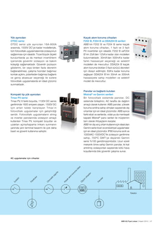 ABB AG Fiyat Listesi 2 Kasım 2015 | 47
Kaçak akım koruma cihazları
F202 B, F204 B ve DDA204 B serileri
ABB’nin F202 B ve F204 B serisi kaçak
akım koruma cihazları, 1 fazlı ve 3 fazlı
PV invertörler için idealdir. F202 B veF204
B’nin 25A’den 125A’e kadar olan modelleri
bulunmaktadır. 30mA’den 500mA’e kadar
farklı hassasiyet seçeneği ve selektif
modelleri de mevcuttur. DDA204 B kaçak
akım koruma blokları 3 fazlı sürücü devreleri
için dizayn edilmiștir. 63A’e kadar koruma
sağlayan DDA204 B’nin 30mA ve 300mA
hassasiyete sahip modelleri ve selektif
modeli de mevcuttur.
Panolar ve bağlantı kutuları
Mistral®
ve Gemini serileri
Bir fotovoltaik sistemde panolar, DC
sistemde birleștirici, AC tarafta da dağıtım
amaçlı olarak kullanılır. ABB panolar, yüksek
koruma sınıfına sahip olmaları sayesinde dıș
ortamlar için en ideal çözümdür. ABB ayrıca
farklı ebat ve serilerde, vidalı ya da menteșeli
kapaklı Mistral®
pano serileri ile müșterinin
tam olarak ihtiyaçlarını karșılar.
ABB’nin dıș ve iç ortam kullanımı için ideal olan
Gemini serisi ticari ve endüstriyel uygulamalar
için en ideal çözümdür. IP66 koruma sınıfı ve
1000VAC-1500VDC’lik izolasyon gerilimine
sahip, 750ºC GWT’ye dayanıklı Gemini
serisi %100 geridönüșümlüdür. Uzun süreli
mekanik ömre sahip Gemini panolar, iki kat
artırılmıș izolasyonları sayesinde kötü hava
koșullarında bile güvenilir çalıșma sunar.
AC uygulamalar için cihazlar
Parafudur
O
tom
atik
sigorta
Kaçak
akım
korum
a
rölesi
Ö
lçüm
cihazları
Panolar
Tüketici
İzolatör
Yük ayırıcıları
OTDC serisi
OTDC serisi yük ayırıcıları 16A-800A
arasında, 1500V DC’ye kadar modelleriyle,
tüm fotovoltaik uygulamalarında izolasyonun
sağlanması için idealdir. Ticari/büyük ölçekli
kurulumlarda ya da merkezi invertörlerin
içerisinde güvenilir izolasyon ve bakım
kolaylığı sağlamaktadır. Güvenilir pozisyon
gösterimi, bir veya birden fazla devrenin
bağlanabilmesi, çalıșma hızından bağımsız
kontak açılımı, polariteden bağımsız bağlantı
ve geniș aksesuar seçeneği ile sizlere
fotovoltaik uygulamalarda en ideal çözümü
sunmaktadır.
Kompakt tip yük ayırıcıları
Tmax PV serisi
Tmax PV, 6 farklı boyutta, 1100V DC servis
geriliminde 1600 ampere ulașan, 1500V DC
için artan talebi karșılayan Tmax’ın
fotovoltaik uygulamalar için geliștirdiği
seridir. Fotovoltaik uygulamaların string
ve inverter panolarında izolasyon amaçlı
kullanılan Tmax PV, kompakt boyutlar ve
uzaktan açma/kapama imkanı sunmanın
yanında yeni terminal tasarımı ile çok daha
basit ve güvenli kullanıma sahiptir.
 