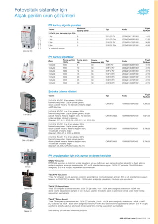 ABB AG Fiyat Listesi 2 Kasım 2015 | 49
Fotovoltaik sistemler için
Alçak gerilim ürün çözümleri
PV kartuș sigorta yuvaları
Tanımı
Minimum
sipariș adedi
Tipi Kodu
Fiyatı
TL/Adet
10.3x38 mm kartușlar için 32A.
1 faz 6 E 91/32 PV 2CSM204713R1801 14,10
1 faz 6 E 91/32 PVs 2CSM204693R1801 21,50
2 faz 3 E 92/32 PV 2CSM204703R1801 30,60
2 faz 3 E 92/32 PVs 2CSM256913R1801 45,90
*s: indikatörlü versiyon
PV kartuș sigortalar
Ölçü
Anma gerilimi
(VDC)
Anma akımı
(A)
Kesme
kapasitesi (kA)
Tipi Kodu
Fiyatı
TL/Adet
10.3x38 1000 8 50 E 9F8 PV 2CSM213526R1801 47,10
10.3x38 1000 10 50 E 9F10 PV 2CSM213536R1801 47,10
10.3x38 1000 12 50 E 9F12 PV 2CSM213546R1801 47,10
10.3x38 1000 15 50 E 9F15 PV 2CSM213556R1801 47,10
10.3x38 1000 20 50 E 9F20 PV 2CSM213566R1801 47,10
10.3x38 1000 25 50 E 9F25 PV 2CSM213576R1801 47,10
10.3x38 1000 30 50 E 9F30 PV 2CSM213586R1801 47,10
Șebeke izleme röleleri
Tanımı Tipi Kodu
Fiyatı
TL/Adet
24-240 V AC/DC, 3 faz șebeke, 50-60Hz
İzleme fonksiyonları: Düșük-yüksek gerilim,
düșük-yüksek frekans, 10 dakikalık ortalama değer,
vektör kayması
CM-UFS.1 1SVR630736R0300 1.300,00
24-240 V AC/DC, 1 ve 3 faz șebeke, 50Hz
İzleme fonksiyonları: Düșük-yüksek gerilim, düșük-
yüksek frekans, frekans değișim oranı, 10 dakikalık
ortalama değer, ototest fonksiyonu
(Standart: CEI 0-21: 2012-06 + CEI 0-21, V1: 2012-12)
CM-UFD.M22 1SVR560730R3400 1.921,00
24-240 V AC/DC, 1 ve 3 faz șebeke, 50Hz
İzleme fonksiyonları: Düșük-yüksek gerilim,
düșük-yüksek frekans, frekans değișim oranı,
10 dakikalık ortalama değer
(Standart: VDE-AR-N 4105 ve BDEW)
CM-UFD.M31 1SVR560730R3401 3.706,00
24-240 V AC/DC, 1 ve 3 faz șebeke, 50Hz
İzleme fonksiyonları: Düșük-yüksek gerilim,
düșük-yüksek frekans, frekans değișim oranı,
10 dakikalık ortalama değer
(Standart: UL 508, CAN/CSA C22.2 No.14)
CM-UFD.M33 1SVR560730R3402 3.706,00
PV uygulamaları için yük ayırıcı ve devre kesiciler
OTDC Yük Ayırıcı
OTDC yük ayırıcılar, ısı üretimini ve güç kayıplarını en aza indirirken, aynı zamanda sizlere güvenilir ve basit ișletme
șartlarını sağlama amacıyla tasarlanmıștır. IEC ve UL standartlarına uygun, 1500V DC’ye kadar, 16A-800A akım
aralığında, 2–3–4–6 kutuplu seçenekleri bulunmaktadır.
TMAX PV Yük Ayırıcı
Tmax PV kompakt tip yük ayırıcıları, sistemin güvenliğini ve montaj kolaylığını arttıran, IEC ve UL standartlarına uygun
tasarımı ile 1500V DC’ye kadar, 160A - 1600A akım aralığında çalıșabilen, 4 kutuplu yük ayırıcılardır.
TMAX XT Devre Kesici
Tmax XT kompakt tip devre kesicileri, 500V DC’ye kadar, 16A - 250A akım aralığında maksimum 100kA kısa
devre kesme kapasitesine sahiptir. 3 ve 4 kutuplu çeșitleri ile soketli, sabit ve çekmeceli olmak üzere farklı montaj
seçenekleri sunmaktadır.
TMAX T Devre Kesici
Tmax T kompakt tip devre kesicileri, 750V DC’ye kadar, 250A - 1000A akım aralığında, maksimum 150kA; 1000V
DC’ye kadar ise 250A - 800A akım aralığında maksimum 40kA kısa devre kesme kapasitesine sahiptir. 3 ve 4 kutuplu
çeșitleri ile soketli, sabit ve çekmeceli olmak üzere farklı montaj seçenekleri sunmaktadır.
Daha fazla bilgi için lütfen satıș ofislerimizle görüșünüz.
E91/32 PV
CM-UFS.1
OTDC
CM-UFD.M22
TMAX XT
TMAX PV
1
2
N
1P+N
1
2
3
4
3P+N
5
6
N1
2
3
4
2P
1
2
N
1P+N
1
2
1P
1
2
3
4
3P+N
5
6
N1
2
3
4
3P
5
6
N
N
1
2
3
4
4P
5
6
7
8
 