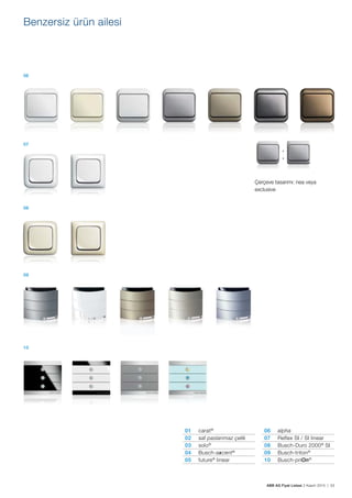 ABB AG Fiyat Listesi 2 Kasım 2015 | 53
Benzersiz ürün ailesi
Çerçeve tasarımı: nea veya
exclusive
›
‹
06
07
09
10
08
01 carat®
02 saf paslanmaz çelik
03 solo®
04 Busch-axcent®
05 future®
linear
06 alpha
07 Reflex SI / SI linear
08 Busch-Duro 2000®
SI
09 Busch-triton®
10 Busch-priOn®
 