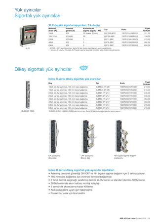 ABB AG Fiyat Listesi 2 Kasım 2015 | 55
Yük ayırıcılar
Sigortalı yük ayırıcıları
XLP-bıçaklı sigorta tașıyıcıları, 3 kutuplu
Nominal
akımı I(A)
Nominal
gerilim (V)
Kullanılacak
sigorta boyutu - NH
Tipi Kodu
Fiyatı
TL/Adet
100A 500 00 (maks. 21mm) XLP 000-6CC 1SEP201428R0001 121,00
160/125A 500/690 00 XLP 00-6BC 1SEP101890R0002 139,00
250A 500/690 1 XLP 1-6BC 1SEP101891R0002 370,00
400A 500 2 XLP 2-6BC 1SEP101892R0002 482,00
630A 500 3 XLP 3-6BC 1SEP101975R0002 650,00
- XLP000...XLP3 sigorta içermez. Sayfa 56’daki bıçaklı sigortalardan seçim yapabilirsiniz.
- 1 kutuplu, 2 kutuplu, 4 kutuplu XLP bıçaklı sigorta tașıyıcılar için lütfen satıș ofislerimizle görüșünüz.
XLP1
Inline II serisi dikey sigortalı yük ayırıcılar
Boy Tipi Kodu
Fiyatı
TL/Adet
160A, tek faz açtırmalı, 185 mm bara bağlantısı ZLBM00-1P-M8 1SEP620010R1000 210,00
160A, üç faz açtırmalı, 185 mm bara bağlantısı ZLBM00-3P-M8 1SEP620010R3000 210,00
250A, tek faz açtırmalı, 185 mm bara bağlantısı ZLBM1-1P-M12 1SEP620011R1000 346,00
250A, üç faz açtırmalı, 185 mm bara bağlantısı ZLBM1-3P-M12 1SEP620011R3000 346,00
400A, tek faz açtırmalı, 185 mm bara bağlantısı ZLBM2-1P-M12 1SEP620012R1000 353,00
400A, üç faz açtırmalı, 185 mm bara bağlantısı ZLBM2-3P-M12 1SEP620012R3000 353,00
630A, tek faz açtırmalı, 185 mm bara bağlantısı ZLBM3-1P-M12 1SEP620013R1000 478,00
630A, üç faz açtırmalı, 185 mm bara bağlantısı ZLBM3-3P-M12 1SEP620013R3000 478,00
*ZLBM00, ZLBM1, ZLBM2, ZLBM3 sigorta içermez. Sayfa 56’daki bıçaklı sigortalardan seçim yapınız.ZLBM 00 160A
ON pozisyonu
(Devrede)
OFF pozisyonu
(Devre dıșı)
NH bıçaklı sigorta değișim
pozisyonu
Dikey sigortalı yük ayırıcılar
Inline II serisi dikey sigortalı yük ayırıcılar özellikleri
 
