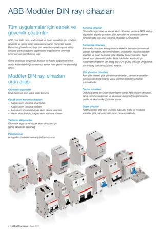4 | ABB AG Fiyat Listesi 2 Kasım 2015
ABB Modüler DIN rayı cihazları
Tüm uygulamalar için esnek ve
güvenilir çözümler
ABB, her türlü bina, endüstriyel ve ticari tesisatlar için modern,
güvenilir ve geniș ürün yelpazesine sahip çözümler sunar.
Rahat ve güvenilir montaja izin veren kompakt yapıya sahip
cihazlar yanlıș bağlantı yapılmasını engelleyerek emniyet
kriterlerini en üst düzeye tașır.
Geniș aksesuar seçeneği, busbar ve kablo bağlantısının bir
arada kullanılabilirliği sisteminizi esnek hale getirir ve ișlevselliği
artırır.
Modüler DIN rayı cihazları
ürün ailesi
Otomatik sigortalar
Kısa devre ve așırı yüke karșı koruma
Kaçak akım koruma cihazları
– Kaçak akım koruma anahtarları
– Kaçak akım koruma blokları
– Așırı akım korumalı kaçak akım devre kesiciler
– Harici akım trafolu, kaçak akım koruma röleleri
Yardımcı ekipmanlar
Otomatik sigorta ve kaçak akım cihazları için
geniș aksesuar seçeneği
Parafudurlar
Ani gerilim darbelerine karșı üstün koruma
Koruma cihazları
Otomatik sigortalar ve kaçak akım cihazları yanısıra ABB kartuș
sigortalar, sigorta yuvaları, yük ayırıcılar ve izolasyon izleme
cihazları gibi pek çok koruma cihazları sunmaktadır.
Kumanda cihazları
Kumanda cihazları kategorisinde elektrik tesisatında manuel
çalıșan kontaktör, kilitleme röleleri, izolatörler, raya takılabilen
anahtar ve push butonlar gibi cihazlar bulunmaktadır. Tipik
olarak aynı devrenin birden fazla noktadan kontrolü için
kullanılan cihazların yer aldığı bu ürün grubu pek çok uygulama
için ihtiyaç duyulan çözümü karșılar.
Yük yönetim cihazları
Așırı yük röleleri, yük yönetim anahtarları, zaman anahtarları
gibi olaylara bağlı olarak yükü kontrol edebilen cihazları
içermektedir.
Ölçüm cihazları
Oldukça geniș bir ürün seçeneğine sahip ABB ölçüm cihazları,
farklı yardımcı ekipman ve aksesuar seçeneği ile panolarda
pratik ve ekonomik çözümler sunar.
Diğer cihazlar
ABB Modüler DIN rayı ürünleri, kapı zili, trafo ve modüler
soketler gibi pek çok farklı ürün de sunmaktadır.
 