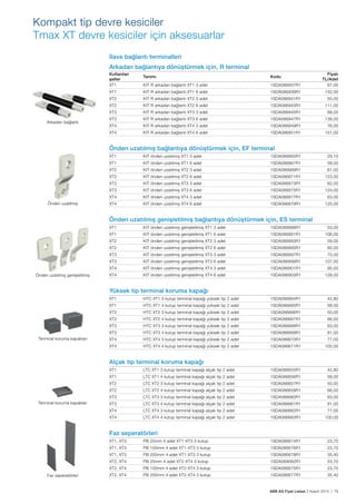 ABB AG Fiyat Listesi 2 Kasım 2015 | 79
Kompakt tip devre kesiciler
Tmax XT devre kesiciler için aksesuarlar
İlave bağlantı terminalleri
Arkadan bağlantıya dönüștürmek için, R terminal
Kullanılan
șalter
Tanımı Kodu
Fiyatı
TL/Adet
XT1 KIT R arkadan bağlantı XT1 3 adet 1SDA066937R1 67,00
XT1 KIT R arkadan bağlantı XT1 6 adet 1SDA066939R1 132,00
XT2 KIT R arkadan bağlantı XT2 3 adet 1SDA066941R1 55,00
XT2 KIT R arkadan bağlantı XT2 6 adet 1SDA066943R1 111,00
XT3 KIT R arkadan bağlantı XT3 3 adet 1SDA066945R1 68,00
XT3 KIT R arkadan bağlantı XT3 6 adet 1SDA066947R1 138,00
XT4 KIT R arkadan bağlantı XT4 3 adet 1SDA066949R1 76,00
XT4 KIT R arkadan bağlantı XT4 6 adet 1SDA066951R1 151,00
Önden uzatılmıș bağlantıya dönüștürmek için, EF terminal
XT1 KIT önden uzatılmıș XT1 3 adet 1SDA066865R1 29,10
XT1 KIT önden uzatılmıș XT1 6 adet 1SDA066867R1 58,00
XT2 KIT önden uzatılmıș XT2 3 adet 1SDA066869R1 61,00
XT2 KIT önden uzatılmıș XT2 6 adet 1SDA066871R1 123,00
XT3 KIT önden uzatılmıș XT3 3 adet 1SDA066873R1 62,00
XT3 KIT önden uzatılmıș XT3 6 adet 1SDA066875R1 124,00
XT4 KIT önden uzatılmıș XT4 3 adet 1SDA066877R1 63,00
XT4 KIT önden uzatılmıș XT4 6 adet 1SDA066879R1 125,00
Önden uzatılmıș genișletilmiș bağlantıya dönüștürmek için, ES terminal
XT1 KIT önden uzatılmıș genișletilmiș XT1 3 adet 1SDA066889R1 53,00
XT1 KIT önden uzatılmıș genișletilmiș XT1 6 adet 1SDA066891R1 106,00
XT2 KIT önden uzatılmıș genișletilmiș XT2 3 adet 1SDA066893R1 59,00
XT2 KIT önden uzatılmıș genișletilmiș XT2 6 adet 1SDA066895R1 85,00
XT3 KIT önden uzatılmıș genișletilmiș XT3 3 adet 1SDA066897R1 75,00
XT3 KIT önden uzatılmıș genișletilmiș XT3 6 adet 1SDA066899R1 107,00
XT4 KIT önden uzatılmıș genișletilmiș XT4 3 adet 1SDA066901R1 95,00
XT4 KIT önden uzatılmıș genișletilmiș XT4 6 adet 1SDA066903R1 128,00
Yüksek tip terminal koruma kapağı
XT1 HTC XT1 3 kutup terminal kapağı yüksek tip 2 adet 1SDA066664R1 42,80
XT1 HTC XT1 4 kutup terminal kapağı yüksek tip 2 adet 1SDA066665R1 58,00
XT2 HTC XT2 3 kutup terminal kapağı yüksek tip 2 adet 1SDA066666R1 50,00
XT2 HTC XT2 4 kutup terminal kapağı yüksek tip 2 adet 1SDA066667R1 66,00
XT3 HTC XT3 3 kutup terminal kapağı yüksek tip 2 adet 1SDA066668R1 63,00
XT3 HTC XT3 4 kutup terminal kapağı yüksek tip 2 adet 1SDA066669R1 81,00
XT4 HTC XT4 3 kutup terminal kapağı yüksek tip 2 adet 1SDA066670R1 77,00
XT4 HTC XT4 4 kutup terminal kapağı yüksek tip 2 adet 1SDA066671R1 100,00
Alçak tip terminal koruma kapağı
XT1 LTC XT1 3 kutup terminal kapağı alçak tip 2 adet 1SDA066655R1 42,80
XT1 LTC XT1 4 kutup terminal kapağı alçak tip 2 adet 1SDA066656R1 58,00
XT2 LTC XT2 3 kutup terminal kapağı alçak tip 2 adet 1SDA066657R1 50,00
XT2 LTC XT2 4 kutup terminal kapağı alçak tip 2 adet 1SDA066659R1 66,00
XT3 LTC XT3 3 kutup terminal kapağı alçak tip 2 adet 1SDA066660R1 63,00
XT3 LTC XT3 4 kutup terminal kapağı alçak tip 2 adet 1SDA066661R1 81,00
XT4 LTC XT4 3 kutup terminal kapağı alçak tip 2 adet 1SDA066662R1 77,00
XT4 LTC XT4 4 kutup terminal kapağı alçak tip 2 adet 1SDA066663R1 100,00
Faz seperatörleri
XT1, XT3 PB 25mm 4 adet XT1-XT3 3 kutup 1SDA066674R1 23,70
XT1, XT3 PB 100mm 4 adet XT1-XT3 3 kutup 1SDA066676R1 23,70
XT1, XT3 PB 200mm 4 adet XT1-XT3 3 kutup 1SDA066678R1 35,40
XT2, XT4 PB 25mm 4 adet XT2-XT4 3 kutup 1SDA069062R1 23,70
XT2, XT4 PB 100mm 4 adet XT2-XT4 3 kutup 1SDA066675R1 23,70
XT2, XT4 PB 200mm 4 adet XT2-XT4 3 kutup 1SDA066677R1 35,40
Arkadan bağlantı
Önden uzatılmıș
Önden uzatılmıș genișletilmiș
Terminal koruma kapakları
Terminal koruma kapakları
Faz seperatörleri
 