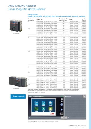 ABB AG Fiyat Listesi 2 Kasım 2015 | 97
Açık tip devre kesiciler
Emax 2 açık tip devre kesiciler
Enerji ölçümü
Emax 2 (630-6300A, 42-200 kA), Ekip Touch koruma üniteli, 3 kutuplu, sabit tip
Koruma
fonksiyonu
Emax 2 tipi
Kesme kapasitesi
Icu (kA) 415VAC
Kodu
Fiyatı
TL/Adet
LI E2.2S 2000A, Ekip Touch + Ölçüm modülü 85 1SDA071044R1E 11.436,00
E2.2S 2500A, Ekip Touch + Ölçüm modülü 85 1SDA071074R1E 13.915,00
E4.2S 3200A, Ekip Touch + Ölçüm modülü 85 1SDA071154R1E 16.247,00
E4.2S 4000A, Ekip Touch + Ölçüm modülü 85 1SDA071204R1E 24.597,00
LSI E2.2S 2000A, Ekip Touch + Ölçüm modülü 85 1SDA071045R1E 11.818,00
E2.2S 2500A, Ekip Touch + Ölçüm modülü 85 1SDA071075R1E 14.266,00
E4.2S 3200A, Ekip Touch + Ölçüm modülü 85 1SDA071155R1E 16.675,00
E4.2S 4000A, Ekip Touch + Ölçüm modülü 85 1SDA071205R1E 25.085,00
LI E2.2H 1250A, Ekip Touch + Ölçüm modülü 100 1SDA070974R1E 8.175,00
E2.2H 1600A, Ekip Touch + Ölçüm modülü 100 1SDA071014R1E 9.611,00
E2.2H 2000A, Ekip Touch + Ölçüm modülü 100 1SDA071054R1E 11.836,00
E2.2H 2500A, Ekip Touch + Ölçüm modülü 100 1SDA071084R1E 14.384,00
E4.2H 3200A, Ekip Touch + Ölçüm modülü 100 1SDA071164R1E 16.796,00
E4.2H 4000A, Ekip Touch + Ölçüm modülü 100 1SDA071214R1E 25.376,00
E6.2H 5000A, Ekip Touch + Ölçüm modülü 100 1SDA071264R1E 37.581,00
E6.2H 6300A, Ekip Touch + Ölçüm modülü 100 1SDA071294R1E 55.661,00
LSI E2.2H 1250A, Ekip Touch + Ölçüm modülü 100 1SDA070975R1E 8.332,00
E2.2H 1600A, Ekip Touch + Ölçüm modülü 100 1SDA071015R1E 9.890,00
E2.2H 2000A, Ekip Touch + Ölçüm modülü 100 1SDA071055R1E 12.075,00
E2.2H 2500A, Ekip Touch + Ölçüm modülü 100 1SDA071085R1E 14.667,00
E4.2H 3200A, Ekip Touch + Ölçüm modülü 100 1SDA071165R1E 17.126,00
E4.2H 4000A, Ekip Touch + Ölçüm modülü 100 1SDA071215R1E 25.880,00
E6.2H 5000A, Ekip Touch + Ölçüm modülü 100 1SDA071265R1E 38.097,00
E6.2H 6300A, Ekip Touch + Ölçüm modülü 100 1SDA071295R1E 56.293,00
LI E4.2V 4000A, Ekip Touch + Ölçüm modülü 150 1SDA071224R1E 29.253,00
E6.2V 5000A, Ekip Touch + Ölçüm modülü 150 1SDA071274R1E 39.539,00
E6.2V 6300A, Ekip Touch + Ölçüm modülü 150 1SDA071304R1E 58.571,00
LSI E4.2V 4000A, Ekip Touch + Ölçüm modülü 150 1SDA071225R1E 29.882,00
E6.2V 5000A, Ekip Touch + Ölçüm modülü 150 1SDA071275R1E 39.999,00
E6.2V 6300A, Ekip Touch + Ölçüm modülü 150 1SDA071305R1E 59.118,00
LI E6.2X 4000A, Ekip Touch + Ölçüm modülü 200 1SDA071254R1E 46.450,00
E6.2X 5000A, Ekip Touch + Ölçüm modülü 200 1SDA071284R1E 47.359,00
E6.2X 6300A, Ekip Touch + Ölçüm modülü 200 1SDA071314R1E 70.290,00
LSI E6.2X 4000A, Ekip Touch + Ölçüm modülü 200 1SDA071255R1E 47.378,00
E6.2X 5000A, Ekip Touch + Ölçüm modülü 200 1SDA071285R1E 47.915,00
E6.2X 6300A, Ekip Touch + Ölçüm modülü 200 1SDA071315R1E 70.952,00
Emax 2 Ekip Touch devre kesicilerde sonu “E” harfi ile biten kodlar için Ekip Measuring Ölçüm Modülü liste fiyatlarına dahildir.
*Ekip Touch Koruma modülü ve Measuring Ölçüm Modülü sayesinde I, U, V, P, Q, cos , f değerleri faz bașına görüntülenir.
Aksesuarlar için sayfa 101-107’ye bakınız.
Emax 2 Ekip Touch koruma ünitesi ve Measuring ölçüm modülü
E4.2H 3200A
E6.2V 5000A
TÜRKÇE MENÜ
 