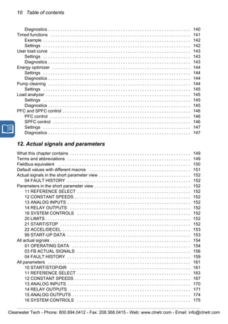 10 Table of contents
Diagnostics . . . . . . . . . . . . . . . . . . . . . . . . . . . . . . . . . . . . . . . . . . . . . . . . . . . . . . . . . . . 140
Timed functions . . . . . . . . . . . . . . . . . . . . . . . . . . . . . . . . . . . . . . . . . . . . . . . . . . . . . . . . . . 141
Example . . . . . . . . . . . . . . . . . . . . . . . . . . . . . . . . . . . . . . . . . . . . . . . . . . . . . . . . . . . . . 142
Settings . . . . . . . . . . . . . . . . . . . . . . . . . . . . . . . . . . . . . . . . . . . . . . . . . . . . . . . . . . . . . 142
User load curve . . . . . . . . . . . . . . . . . . . . . . . . . . . . . . . . . . . . . . . . . . . . . . . . . . . . . . . . . . 143
Settings . . . . . . . . . . . . . . . . . . . . . . . . . . . . . . . . . . . . . . . . . . . . . . . . . . . . . . . . . . . . . 143
Diagnostics . . . . . . . . . . . . . . . . . . . . . . . . . . . . . . . . . . . . . . . . . . . . . . . . . . . . . . . . . . . 143
Energy optimizer . . . . . . . . . . . . . . . . . . . . . . . . . . . . . . . . . . . . . . . . . . . . . . . . . . . . . . . . . 144
Settings . . . . . . . . . . . . . . . . . . . . . . . . . . . . . . . . . . . . . . . . . . . . . . . . . . . . . . . . . . . . . 144
Diagnostics . . . . . . . . . . . . . . . . . . . . . . . . . . . . . . . . . . . . . . . . . . . . . . . . . . . . . . . . . . . 144
Pump cleaning . . . . . . . . . . . . . . . . . . . . . . . . . . . . . . . . . . . . . . . . . . . . . . . . . . . . . . . . . . . 144
Settings . . . . . . . . . . . . . . . . . . . . . . . . . . . . . . . . . . . . . . . . . . . . . . . . . . . . . . . . . . . . . 145
Load analyzer . . . . . . . . . . . . . . . . . . . . . . . . . . . . . . . . . . . . . . . . . . . . . . . . . . . . . . . . . . . . 145
Settings . . . . . . . . . . . . . . . . . . . . . . . . . . . . . . . . . . . . . . . . . . . . . . . . . . . . . . . . . . . . . 145
Diagnostics . . . . . . . . . . . . . . . . . . . . . . . . . . . . . . . . . . . . . . . . . . . . . . . . . . . . . . . . . . . 145
PFC and SPFC control . . . . . . . . . . . . . . . . . . . . . . . . . . . . . . . . . . . . . . . . . . . . . . . . . . . . . 146
PFC control . . . . . . . . . . . . . . . . . . . . . . . . . . . . . . . . . . . . . . . . . . . . . . . . . . . . . . . . . . 146
SPFC control . . . . . . . . . . . . . . . . . . . . . . . . . . . . . . . . . . . . . . . . . . . . . . . . . . . . . . . . . 146
Settings . . . . . . . . . . . . . . . . . . . . . . . . . . . . . . . . . . . . . . . . . . . . . . . . . . . . . . . . . . . . . 147
Diagnostics . . . . . . . . . . . . . . . . . . . . . . . . . . . . . . . . . . . . . . . . . . . . . . . . . . . . . . . . . . . 147
12. Actual signals and parameters
What this chapter contains . . . . . . . . . . . . . . . . . . . . . . . . . . . . . . . . . . . . . . . . . . . . . . . . . . 149
Terms and abbreviations . . . . . . . . . . . . . . . . . . . . . . . . . . . . . . . . . . . . . . . . . . . . . . . . . . . 149
Fieldbus equivalent . . . . . . . . . . . . . . . . . . . . . . . . . . . . . . . . . . . . . . . . . . . . . . . . . . . . . . . 150
Default values with different macros . . . . . . . . . . . . . . . . . . . . . . . . . . . . . . . . . . . . . . . . . . 151
Actual signals in the short parameter view . . . . . . . . . . . . . . . . . . . . . . . . . . . . . . . . . . . . . . 152
04 FAULT HISTORY . . . . . . . . . . . . . . . . . . . . . . . . . . . . . . . . . . . . . . . . . . . . . . . . . . . 152
Parameters in the short parameter view . . . . . . . . . . . . . . . . . . . . . . . . . . . . . . . . . . . . . . . . 152
11 REFERENCE SELECT . . . . . . . . . . . . . . . . . . . . . . . . . . . . . . . . . . . . . . . . . . . . . . . 152
12 CONSTANT SPEEDS . . . . . . . . . . . . . . . . . . . . . . . . . . . . . . . . . . . . . . . . . . . . . . . . 152
13 ANALOG INPUTS . . . . . . . . . . . . . . . . . . . . . . . . . . . . . . . . . . . . . . . . . . . . . . . . . . . 152
14 RELAY OUTPUTS . . . . . . . . . . . . . . . . . . . . . . . . . . . . . . . . . . . . . . . . . . . . . . . . . . 152
16 SYSTEM CONTROLS . . . . . . . . . . . . . . . . . . . . . . . . . . . . . . . . . . . . . . . . . . . . . . . 152
20 LIMITS . . . . . . . . . . . . . . . . . . . . . . . . . . . . . . . . . . . . . . . . . . . . . . . . . . . . . . . . . . . . 152
21 START/STOP . . . . . . . . . . . . . . . . . . . . . . . . . . . . . . . . . . . . . . . . . . . . . . . . . . . . . . 152
22 ACCEL/DECEL . . . . . . . . . . . . . . . . . . . . . . . . . . . . . . . . . . . . . . . . . . . . . . . . . . . . . 153
99 START-UP DATA . . . . . . . . . . . . . . . . . . . . . . . . . . . . . . . . . . . . . . . . . . . . . . . . . . . 153
All actual signals . . . . . . . . . . . . . . . . . . . . . . . . . . . . . . . . . . . . . . . . . . . . . . . . . . . . . . . . . . 154
01 OPERATING DATA . . . . . . . . . . . . . . . . . . . . . . . . . . . . . . . . . . . . . . . . . . . . . . . . . 154
03 FB ACTUAL SIGNALS . . . . . . . . . . . . . . . . . . . . . . . . . . . . . . . . . . . . . . . . . . . . . . . 156
04 FAULT HISTORY . . . . . . . . . . . . . . . . . . . . . . . . . . . . . . . . . . . . . . . . . . . . . . . . . . . 159
All parameters . . . . . . . . . . . . . . . . . . . . . . . . . . . . . . . . . . . . . . . . . . . . . . . . . . . . . . . . . . . 161
10 START/STOP/DIR . . . . . . . . . . . . . . . . . . . . . . . . . . . . . . . . . . . . . . . . . . . . . . . . . . 161
11 REFERENCE SELECT . . . . . . . . . . . . . . . . . . . . . . . . . . . . . . . . . . . . . . . . . . . . . . . 163
12 CONSTANT SPEEDS . . . . . . . . . . . . . . . . . . . . . . . . . . . . . . . . . . . . . . . . . . . . . . . . 167
13 ANALOG INPUTS . . . . . . . . . . . . . . . . . . . . . . . . . . . . . . . . . . . . . . . . . . . . . . . . . . . 170
14 RELAY OUTPUTS . . . . . . . . . . . . . . . . . . . . . . . . . . . . . . . . . . . . . . . . . . . . . . . . . . 171
15 ANALOG OUTPUTS . . . . . . . . . . . . . . . . . . . . . . . . . . . . . . . . . . . . . . . . . . . . . . . . . 174
16 SYSTEM CONTROLS . . . . . . . . . . . . . . . . . . . . . . . . . . . . . . . . . . . . . . . . . . . . . . . 175
Clearwater Tech - Phone: 800.894.0412 - Fax: 208.368.0415 - Web: www.clrwtr.com - Email: info@clrwtr.com
 