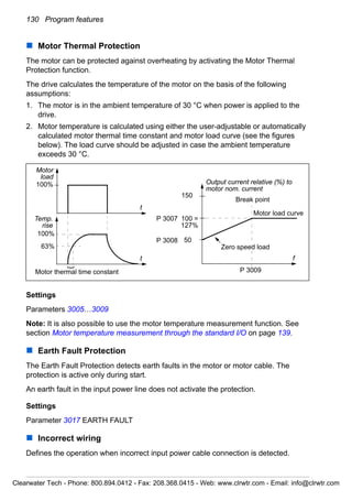 130 Program features
Motor Thermal Protection
The motor can be protected against overheating by activating the Motor Thermal
Protection function.
The drive calculates the temperature of the motor on the basis of the following
assumptions:
1. The motor is in the ambient temperature of 30 °C when power is applied to the
drive.
2. Motor temperature is calculated using either the user-adjustable or automatically
calculated motor thermal time constant and motor load curve (see the figures
below). The load curve should be adjusted in case the ambient temperature
exceeds 30 °C.
Settings
Parameters 3005…3009
Note: It is also possible to use the motor temperature measurement function. See
section Motor temperature measurement through the standard I/O on page 139.
Earth Fault Protection
The Earth Fault Protection detects earth faults in the motor or motor cable. The
protection is active only during start.
An earth fault in the input power line does not activate the protection.
Settings
Parameter 3017 EARTH FAULT
Incorrect wiring
Defines the operation when incorrect input power cable connection is detected.
}
Motor
load
Temp.
rise
100%
63%
Motor thermal time constant
t
100 =
127%
150
50
P 3007
P 3008
f
Output current relative (%) to
motor nom. current
P 3009
100%
Break point
Motor load curve
Zero speed load
t
Clearwater Tech - Phone: 800.894.0412 - Fax: 208.368.0415 - Web: www.clrwtr.com - Email: info@clrwtr.com
 