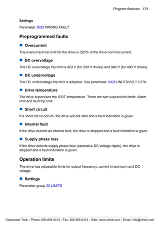Program features 131
Settings
Parameter 3023 WIRING FAULT
Preprogrammed faults
Overcurrent
The overcurrent trip limit for the drive is 325% of the drive nominal current.
DC overvoltage
The DC overvoltage trip limit is 420 V (for 200 V drives) and 840 V (for 400 V drives).
DC undervoltage
The DC undervoltage trip limit is adaptive. See parameter 2006 UNDERVOLT CTRL.
Drive temperature
The drive supervises the IGBT temperature. There are two supervision limits: Alarm
limit and fault trip limit.
Short circuit
If a short circuit occurs, the drive will not start and a fault indication is given.
Internal fault
If the drive detects an internal fault, the drive is stopped and a fault indication is given.
Supply phase loss
If the drive detects supply phase loss (excessive DC voltage ripple), the drive is
stopped and a fault indication is given.
Operation limits
The drive has adjustable limits for output frequency, current (maximum) and DC
voltage.
Settings
Parameter group 20 LIMITS
Clearwater Tech - Phone: 800.894.0412 - Fax: 208.368.0415 - Web: www.clrwtr.com - Email: info@clrwtr.com
 