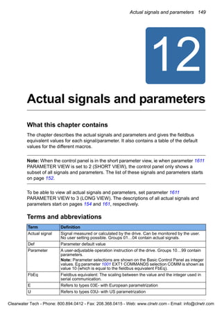 Actual signals and parameters 149
12
Actual signals and parameters
What this chapter contains
The chapter describes the actual signals and parameters and gives the fieldbus
equivalent values for each signal/parameter. It also contains a table of the default
values for the different macros.
Note: When the control panel is in the short parameter view, ie when parameter 1611
PARAMETER VIEW is set to 2 (SHORT VIEW), the control panel only shows a
subset of all signals and parameters. The list of these signals and parameters starts
on page 152.
To be able to view all actual signals and parameters, set parameter 1611
PARAMETER VIEW to 3 (LONG VIEW). The descriptions of all actual signals and
parameters start on pages 154 and 161, respectively.
Terms and abbreviations
Term Definition
Actual signal Signal measured or calculated by the drive. Can be monitored by the user.
No user setting possible. Groups 01…04 contain actual signals.
Def Parameter default value
Parameter A user-adjustable operation instruction of the drive. Groups 10…99 contain
parameters.
Note: Parameter selections are shown on the Basic Control Panel as integer
values. Eg parameter 1001 EXT1 COMMANDS selection COMM is shown as
value 10 (which is equal to the fieldbus equivalent FbEq).
FbEq Fieldbus equivalent: The scaling between the value and the integer used in
serial communication.
E Refers to types 03E- with European parametrization
U Refers to types 03U- with US parametrization
Clearwater Tech - Phone: 800.894.0412 - Fax: 208.368.0415 - Web: www.clrwtr.com - Email: info@clrwtr.com
 