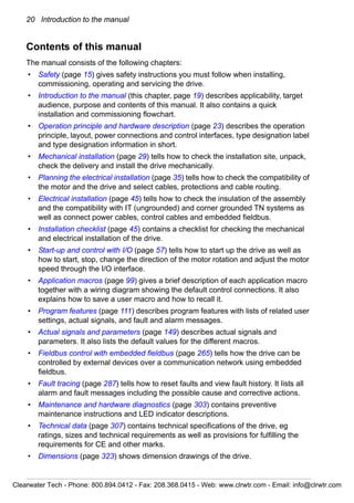 20 Introduction to the manual
Contents of this manual
The manual consists of the following chapters:
• Safety (page 15) gives safety instructions you must follow when installing,
commissioning, operating and servicing the drive.
• Introduction to the manual (this chapter, page 19) describes applicability, target
audience, purpose and contents of this manual. It also contains a quick
installation and commissioning flowchart.
• Operation principle and hardware description (page 23) describes the operation
principle, layout, power connections and control interfaces, type designation label
and type designation information in short.
• Mechanical installation (page 29) tells how to check the installation site, unpack,
check the delivery and install the drive mechanically.
• Planning the electrical installation (page 35) tells how to check the compatibility of
the motor and the drive and select cables, protections and cable routing.
• Electrical installation (page 45) tells how to check the insulation of the assembly
and the compatibility with IT (ungrounded) and corner grounded TN systems as
well as connect power cables, control cables and embedded fieldbus.
• Installation checklist (page 45) contains a checklist for checking the mechanical
and electrical installation of the drive.
• Start-up and control with I/O (page 57) tells how to start up the drive as well as
how to start, stop, change the direction of the motor rotation and adjust the motor
speed through the I/O interface.
• Application macros (page 99) gives a brief description of each application macro
together with a wiring diagram showing the default control connections. It also
explains how to save a user macro and how to recall it.
• Program features (page 111) describes program features with lists of related user
settings, actual signals, and fault and alarm messages.
• Actual signals and parameters (page 149) describes actual signals and
parameters. It also lists the default values for the different macros.
• Fieldbus control with embedded fieldbus (page 265) tells how the drive can be
controlled by external devices over a communication network using embedded
fieldbus.
• Fault tracing (page 287) tells how to reset faults and view fault history. It lists all
alarm and fault messages including the possible cause and corrective actions.
• Maintenance and hardware diagnostics (page 303) contains preventive
maintenance instructions and LED indicator descriptions.
• Technical data (page 307) contains technical specifications of the drive, eg
ratings, sizes and technical requirements as well as provisions for fulfilling the
requirements for CE and other marks.
• Dimensions (page 323) shows dimension drawings of the drive.
Clearwater Tech - Phone: 800.894.0412 - Fax: 208.368.0415 - Web: www.clrwtr.com - Email: info@clrwtr.com
 