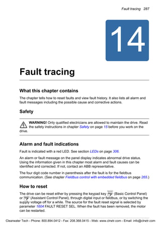 Fault tracing 287
14
Fault tracing
What this chapter contains
The chapter tells how to reset faults and view fault history. It also lists all alarm and
fault messages including the possible cause and corrective actions.
Safety
WARNING! Only qualified electricians are allowed to maintain the drive. Read
the safety instructions in chapter Safety on page 15 before you work on the
drive.
Alarm and fault indications
Fault is indicated with a red LED. See section LEDs on page 306.
An alarm or fault message on the panel display indicates abnormal drive status.
Using the information given in this chapter most alarm and fault causes can be
identified and corrected. If not, contact an ABB representative.
The four digit code number in parenthesis after the fault is for the fieldbus
communication. (See chapter Fieldbus control with embedded fieldbus on page 265.)
How to reset
The drive can be reset either by pressing the keypad key (Basic Control Panel)
or (Assistant Control Panel), through digital input or fieldbus, or by switching the
supply voltage off for a while. The source for the fault reset signal is selected by
parameter 1604 FAULT RESET SEL. When the fault has been removed, the motor
can be restarted.
EXIT
RESET
RESET
Clearwater Tech - Phone: 800.894.0412 - Fax: 208.368.0415 - Web: www.clrwtr.com - Email: info@clrwtr.com
 