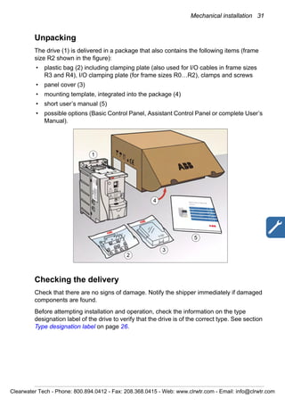 Mechanical installation 31
Unpacking
The drive (1) is delivered in a package that also contains the following items (frame
size R2 shown in the figure):
• plastic bag (2) including clamping plate (also used for I/O cables in frame sizes
R3 and R4), I/O clamping plate (for frame sizes R0…R2), clamps and screws
• panel cover (3)
• mounting template, integrated into the package (4)
• short user’s manual (5)
• possible options (Basic Control Panel, Assistant Control Panel or complete User’s
Manual).
Checking the delivery
Check that there are no signs of damage. Notify the shipper immediately if damaged
components are found.
Before attempting installation and operation, check the information on the type
designation label of the drive to verify that the drive is of the correct type. See section
Type designation label on page 26.
2
1
3
5
4
Clearwater Tech - Phone: 800.894.0412 - Fax: 208.368.0415 - Web: www.clrwtr.com - Email: info@clrwtr.com
 