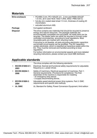Technical data 317
Materials
Drive enclosure • PC/ABS 2 mm, PC+10%GF 2.5…3 mm and PA66+25%GF
1.5 mm, all in color NCS 1502-Y (RAL 9002 / PMS 420 C)
• hot-dip zinc coated steel sheet 1.5 mm, thickness of coating 20
micrometers
• extruded aluminium AlSi.
Package Corrugated cardboard.
Disposal The drive contains raw materials that should be recycled to preserve
energy and natural resources. The package materials are
environmentally compatible and recyclable. All metal parts can be
recycled. The plastic parts can either be recycled or burned under
controlled circumstances, according to local regulations. Most
recyclable parts are marked with recycling marks.
If recycling is not feasible, all parts excluding electrolytic capacitors
and printed circuit boards can be landfilled. The DC capacitors
contain electrolyte, which is classified as hazardous waste within the
EU. They must be removed and handled according to local
regulations.
For further information on environmental aspects and more detailed
recycling instructions, please contact your local ABB distributor.
Applicable standards
The drive complies with the following standards:
• IEC/EN 61800-5-1:
2003
Electrical, thermal and functional safety requirements for adjustable
frequency a.c. power drives
• IEC/EN 60204-1:
2006
Safety of machinery. Electrical equipment of machines. Part 1:
General requirements. Provisions for compliance: The final
assembler of the machine is responsible for installing
- an emergency-stop device
- a supply disconnecting device.
• IEC/EN 61800-3:
2004
Adjustable speed electrical power drive systems. Part 3: EMC
requirements and specific test methods
• UL 508C UL Standard for Safety, Power Conversion Equipment, third edition
Clearwater Tech - Phone: 800.894.0412 - Fax: 208.368.0415 - Web: www.clrwtr.com - Email: info@clrwtr.com
 