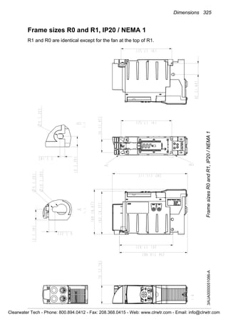 Dimensions 325
Frame sizes R0 and R1, IP20 / NEMA 1
R1 and R0 are identical except for the fan at the top of R1.
FramesizesR0andR1,IP20/NEMA13AUA0000051086-A
Clearwater Tech - Phone: 800.894.0412 - Fax: 208.368.0415 - Web: www.clrwtr.com - Email: info@clrwtr.com
 