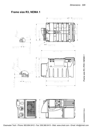 Dimensions 329
Frame size R3, NEMA 1
FramesizeR3,IP20/NEMA13AUA0000051118-A
Clearwater Tech - Phone: 800.894.0412 - Fax: 208.368.0415 - Web: www.clrwtr.com - Email: info@clrwtr.com
 