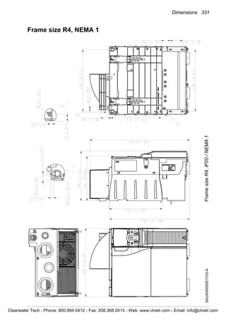 Dimensions 331
Frame size R4, NEMA 1
FramesizeR4,IP20/NEMA13AUA0000051133-A
Clearwater Tech - Phone: 800.894.0412 - Fax: 208.368.0415 - Web: www.clrwtr.com - Email: info@clrwtr.com
 