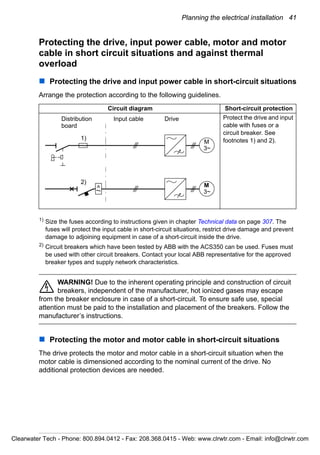 Planning the electrical installation 41
Protecting the drive, input power cable, motor and motor
cable in short circuit situations and against thermal
overload
Protecting the drive and input power cable in short-circuit situations
Arrange the protection according to the following guidelines.
1)
Size the fuses according to instructions given in chapter Technical data on page 307. The
fuses will protect the input cable in short-circuit situations, restrict drive damage and prevent
damage to adjoining equipment in case of a short-circuit inside the drive.
2)
Circuit breakers which have been tested by ABB with the ACS350 can be used. Fuses must
be used with other circuit breakers. Contact your local ABB representative for the approved
breaker types and supply network characteristics.
WARNING! Due to the inherent operating principle and construction of circuit
breakers, independent of the manufacturer, hot ionized gases may escape
from the breaker enclosure in case of a short-circuit. To ensure safe use, special
attention must be paid to the installation and placement of the breakers. Follow the
manufacturer’s instructions.
Protecting the motor and motor cable in short-circuit situations
The drive protects the motor and motor cable in a short-circuit situation when the
motor cable is dimensioned according to the nominal current of the drive. No
additional protection devices are needed.
Circuit diagram Short-circuit protection
Protect the drive and input
cable with fuses or a
circuit breaker. See
footnotes 1) and 2).M
3~
Distribution
board
Input cable
M
3~
Drive
I>
1)
2)
Clearwater Tech - Phone: 800.894.0412 - Fax: 208.368.0415 - Web: www.clrwtr.com - Email: info@clrwtr.com
 
