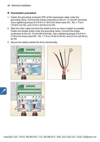 48 Electrical installation
Connection procedure
1. Fasten the grounding conductor (PE) of the input power cable under the
grounding clamp. Connect the phase conductors to the U1, V1 and W1 terminals.
Use a tightening torque of 0.8 N·m (7 lbf·in) for frame sizes R0…R2, 1.7 N·m
(15 lbf·in) for R3, and 2.5 N·m (22 lbf·in) for R4.
2. Strip the motor cable and twist the shield to form as short a pigtail as possible.
Fasten the twisted shield under the grounding clamp. Connect the phase
conductors to the U2, V2 and W2 terminals. Use a tightening torque of 0.8 N·m
(7 lbf·in) for frame sizes R0…R2, 1.7 N·m (15 lbf·in) for R3, and 2.5 N·m (22 lbf·in)
for R4.
3. Secure the cables outside the drive mechanically.
1
1
2
2
2
Clearwater Tech - Phone: 800.894.0412 - Fax: 208.368.0415 - Web: www.clrwtr.com - Email: info@clrwtr.com
 