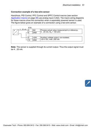 Electrical installation 51
Connection example of a two-wire sensor
Hand/Auto, PID Control, PFC Control and SPFC Control macros (see section
Application macros on page 99) use analog input 2 (AI2). The macro wiring diagrams
for these macros show the connection when a separately powered sensor is used.
The figure below gives an example of a connection using a two-wire sensor.
Note: The sensor is supplied through its current output. Thus the output signal must
be 4…20 mA.
X1A
5 AI2 Process actual value measurement or reference,
4…20 mA, Rin = 100 ohm6 GND
…
9 +24V Auxiliary voltage output, non-isolated,
+24 V DC, max. 200 mA10 GND
P
I
4…20 mA
Clearwater Tech - Phone: 800.894.0412 - Fax: 208.368.0415 - Web: www.clrwtr.com - Email: info@clrwtr.com
 