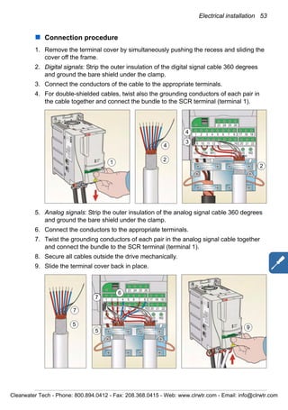 Electrical installation 53
Connection procedure
1. Remove the terminal cover by simultaneously pushing the recess and sliding the
cover off the frame.
2. Digital signals: Strip the outer insulation of the digital signal cable 360 degrees
and ground the bare shield under the clamp.
3. Connect the conductors of the cable to the appropriate terminals.
4. For double-shielded cables, twist also the grounding conductors of each pair in
the cable together and connect the bundle to the SCR terminal (terminal 1).
5. Analog signals: Strip the outer insulation of the analog signal cable 360 degrees
and ground the bare shield under the clamp.
6. Connect the conductors to the appropriate terminals.
7. Twist the grounding conductors of each pair in the analog signal cable together
and connect the bundle to the SCR terminal (terminal 1).
8. Secure all cables outside the drive mechanically.
9. Slide the terminal cover back in place.
2
4
3
4
2
1
5
7
4
5
6
7
9
Clearwater Tech - Phone: 800.894.0412 - Fax: 208.368.0415 - Web: www.clrwtr.com - Email: info@clrwtr.com
 
