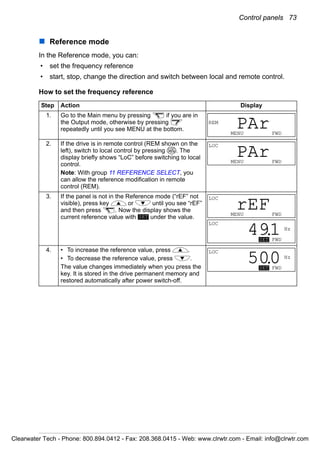 Control panels 73
Reference mode
In the Reference mode, you can:
• set the frequency reference
• start, stop, change the direction and switch between local and remote control.
How to set the frequency reference
Step Action Display
1. Go to the Main menu by pressing if you are in
the Output mode, otherwise by pressing
repeatedly until you see MENU at the bottom.
2. If the drive is in remote control (REM shown on the
left), switch to local control by pressing . The
display briefly shows “LoC” before switching to local
control.
Note: With group 11 REFERENCE SELECT, you
can allow the reference modification in remote
control (REM).
3. If the panel is not in the Reference mode (“rEF” not
visible), press key or until you see “rEF”
and then press . Now the display shows the
current reference value with under the value.
4. • To increase the reference value, press .
• To decrease the reference value, press .
The value changes immediately when you press the
key. It is stored in the drive permanent memory and
restored automatically after power switch-off.
REM
MENU FWD
PAr
LOC
REM
LOC
MENU FWD
PAr
SET
LOC
MENU FWD
rEF
LOC
Hz
SET FWD
491.
LOC
Hz
SET FWD
500.
Clearwater Tech - Phone: 800.894.0412 - Fax: 208.368.0415 - Web: www.clrwtr.com - Email: info@clrwtr.com
 