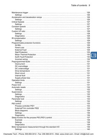 Table of contents 9
Maintenance trigger . . . . . . . . . . . . . . . . . . . . . . . . . . . . . . . . . . . . . . . . . . . . . . . . . . . . . . . . 126
Settings . . . . . . . . . . . . . . . . . . . . . . . . . . . . . . . . . . . . . . . . . . . . . . . . . . . . . . . . . . . . . . 126
Acceleration and deceleration ramps . . . . . . . . . . . . . . . . . . . . . . . . . . . . . . . . . . . . . . . . . . 126
Settings . . . . . . . . . . . . . . . . . . . . . . . . . . . . . . . . . . . . . . . . . . . . . . . . . . . . . . . . . . . . . . 126
Critical Speeds . . . . . . . . . . . . . . . . . . . . . . . . . . . . . . . . . . . . . . . . . . . . . . . . . . . . . . . . . . . 127
Settings . . . . . . . . . . . . . . . . . . . . . . . . . . . . . . . . . . . . . . . . . . . . . . . . . . . . . . . . . . . . . . 127
Constant speeds . . . . . . . . . . . . . . . . . . . . . . . . . . . . . . . . . . . . . . . . . . . . . . . . . . . . . . . . . . 127
Settings . . . . . . . . . . . . . . . . . . . . . . . . . . . . . . . . . . . . . . . . . . . . . . . . . . . . . . . . . . . . . . 127
Custom U/f ratio . . . . . . . . . . . . . . . . . . . . . . . . . . . . . . . . . . . . . . . . . . . . . . . . . . . . . . . . . . . 128
Settings . . . . . . . . . . . . . . . . . . . . . . . . . . . . . . . . . . . . . . . . . . . . . . . . . . . . . . . . . . . . . . 128
Diagnostics . . . . . . . . . . . . . . . . . . . . . . . . . . . . . . . . . . . . . . . . . . . . . . . . . . . . . . . . . . . 128
IR compensation . . . . . . . . . . . . . . . . . . . . . . . . . . . . . . . . . . . . . . . . . . . . . . . . . . . . . . . . . . 129
Settings . . . . . . . . . . . . . . . . . . . . . . . . . . . . . . . . . . . . . . . . . . . . . . . . . . . . . . . . . . . . . . 129
Programmable protection functions . . . . . . . . . . . . . . . . . . . . . . . . . . . . . . . . . . . . . . . . . . . . 129
AI<Min . . . . . . . . . . . . . . . . . . . . . . . . . . . . . . . . . . . . . . . . . . . . . . . . . . . . . . . . . . . . . . . 129
Panel Loss . . . . . . . . . . . . . . . . . . . . . . . . . . . . . . . . . . . . . . . . . . . . . . . . . . . . . . . . . . . 129
External Fault . . . . . . . . . . . . . . . . . . . . . . . . . . . . . . . . . . . . . . . . . . . . . . . . . . . . . . . . . 129
Stall Protection . . . . . . . . . . . . . . . . . . . . . . . . . . . . . . . . . . . . . . . . . . . . . . . . . . . . . . . . 129
Motor Thermal Protection . . . . . . . . . . . . . . . . . . . . . . . . . . . . . . . . . . . . . . . . . . . . . . . . 130
Earth Fault Protection . . . . . . . . . . . . . . . . . . . . . . . . . . . . . . . . . . . . . . . . . . . . . . . . . . . 130
Incorrect wiring . . . . . . . . . . . . . . . . . . . . . . . . . . . . . . . . . . . . . . . . . . . . . . . . . . . . . . . . 130
Preprogrammed faults . . . . . . . . . . . . . . . . . . . . . . . . . . . . . . . . . . . . . . . . . . . . . . . . . . . . . . 131
Overcurrent . . . . . . . . . . . . . . . . . . . . . . . . . . . . . . . . . . . . . . . . . . . . . . . . . . . . . . . . . . . 131
DC overvoltage . . . . . . . . . . . . . . . . . . . . . . . . . . . . . . . . . . . . . . . . . . . . . . . . . . . . . . . . 131
DC undervoltage . . . . . . . . . . . . . . . . . . . . . . . . . . . . . . . . . . . . . . . . . . . . . . . . . . . . . . . 131
Drive temperature . . . . . . . . . . . . . . . . . . . . . . . . . . . . . . . . . . . . . . . . . . . . . . . . . . . . . . 131
Short circuit . . . . . . . . . . . . . . . . . . . . . . . . . . . . . . . . . . . . . . . . . . . . . . . . . . . . . . . . . . . 131
Internal fault . . . . . . . . . . . . . . . . . . . . . . . . . . . . . . . . . . . . . . . . . . . . . . . . . . . . . . . . . . 131
Supply phase loss . . . . . . . . . . . . . . . . . . . . . . . . . . . . . . . . . . . . . . . . . . . . . . . . . . . . . . 131
Operation limits . . . . . . . . . . . . . . . . . . . . . . . . . . . . . . . . . . . . . . . . . . . . . . . . . . . . . . . . . . . 131
Settings . . . . . . . . . . . . . . . . . . . . . . . . . . . . . . . . . . . . . . . . . . . . . . . . . . . . . . . . . . . . . . 131
Power limit . . . . . . . . . . . . . . . . . . . . . . . . . . . . . . . . . . . . . . . . . . . . . . . . . . . . . . . . . . . . . . . 131
Automatic resets . . . . . . . . . . . . . . . . . . . . . . . . . . . . . . . . . . . . . . . . . . . . . . . . . . . . . . . . . . 132
Settings . . . . . . . . . . . . . . . . . . . . . . . . . . . . . . . . . . . . . . . . . . . . . . . . . . . . . . . . . . . . . . 132
Supervisions . . . . . . . . . . . . . . . . . . . . . . . . . . . . . . . . . . . . . . . . . . . . . . . . . . . . . . . . . . . . . 132
Settings . . . . . . . . . . . . . . . . . . . . . . . . . . . . . . . . . . . . . . . . . . . . . . . . . . . . . . . . . . . . . . 132
Diagnostics . . . . . . . . . . . . . . . . . . . . . . . . . . . . . . . . . . . . . . . . . . . . . . . . . . . . . . . . . . . 132
Parameter lock . . . . . . . . . . . . . . . . . . . . . . . . . . . . . . . . . . . . . . . . . . . . . . . . . . . . . . . . . . . 132
Settings . . . . . . . . . . . . . . . . . . . . . . . . . . . . . . . . . . . . . . . . . . . . . . . . . . . . . . . . . . . . . . 132
PID control . . . . . . . . . . . . . . . . . . . . . . . . . . . . . . . . . . . . . . . . . . . . . . . . . . . . . . . . . . . . . . . 133
Process controller PID1 . . . . . . . . . . . . . . . . . . . . . . . . . . . . . . . . . . . . . . . . . . . . . . . . . 133
External/Trim controller PID2 . . . . . . . . . . . . . . . . . . . . . . . . . . . . . . . . . . . . . . . . . . . . . 133
Block diagrams . . . . . . . . . . . . . . . . . . . . . . . . . . . . . . . . . . . . . . . . . . . . . . . . . . . . . . . . 134
Settings . . . . . . . . . . . . . . . . . . . . . . . . . . . . . . . . . . . . . . . . . . . . . . . . . . . . . . . . . . . . . . 136
Diagnostics . . . . . . . . . . . . . . . . . . . . . . . . . . . . . . . . . . . . . . . . . . . . . . . . . . . . . . . . . . . 136
Sleep function for the process PID (PID1) control . . . . . . . . . . . . . . . . . . . . . . . . . . . . . . . . . 137
Example . . . . . . . . . . . . . . . . . . . . . . . . . . . . . . . . . . . . . . . . . . . . . . . . . . . . . . . . . . . . . 138
Settings . . . . . . . . . . . . . . . . . . . . . . . . . . . . . . . . . . . . . . . . . . . . . . . . . . . . . . . . . . . . . . 138
Diagnostics . . . . . . . . . . . . . . . . . . . . . . . . . . . . . . . . . . . . . . . . . . . . . . . . . . . . . . . . . . . 139
Motor temperature measurement through the standard I/O . . . . . . . . . . . . . . . . . . . . . . . . . 139
Settings . . . . . . . . . . . . . . . . . . . . . . . . . . . . . . . . . . . . . . . . . . . . . . . . . . . . . . . . . . . . . . 140
Clearwater Tech - Phone: 800.894.0412 - Fax: 208.368.0415 - Web: www.clrwtr.com - Email: info@clrwtr.com
 